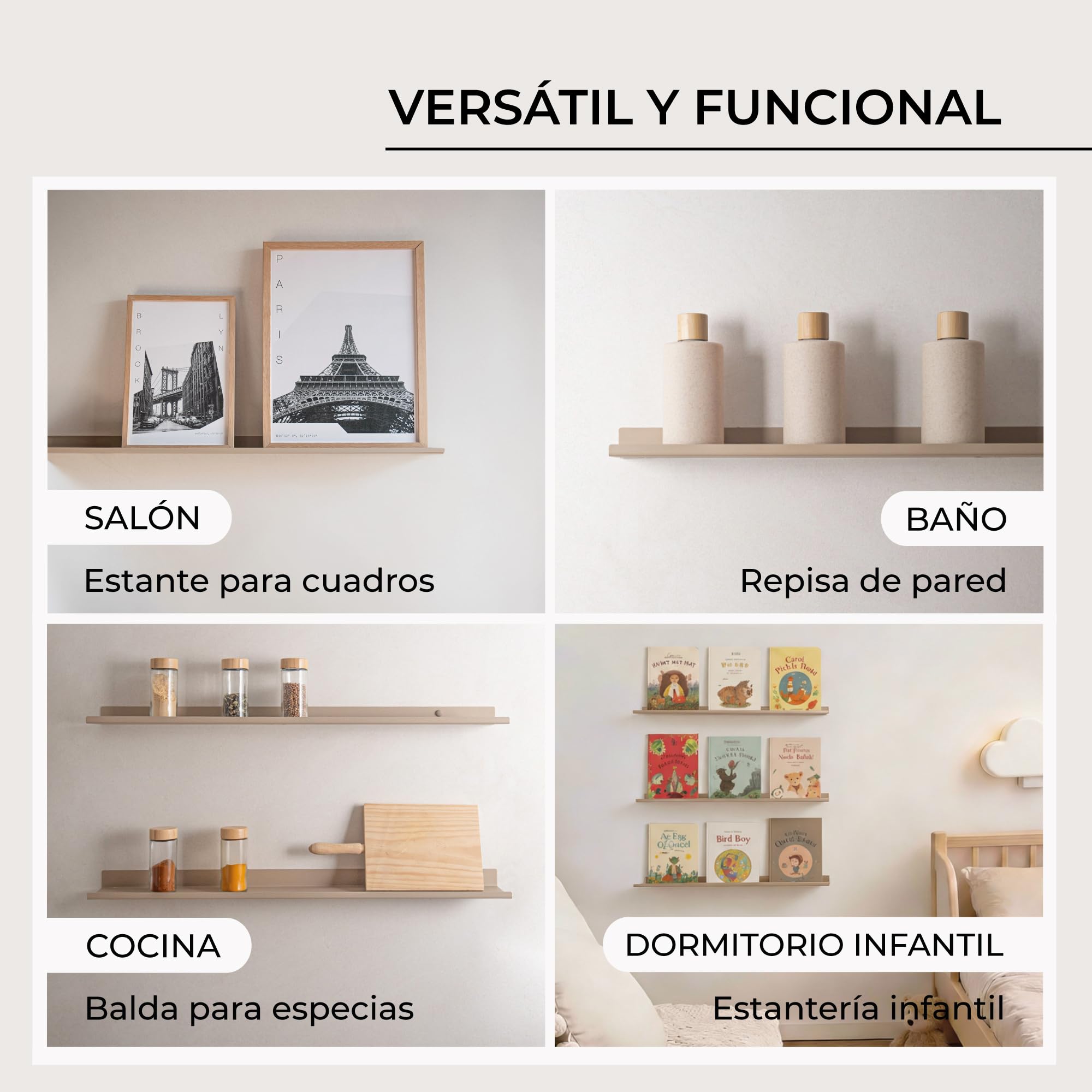 MILUKA Estanteria Pared 70 x 10 cm - Set 2 Estantes Flotantes en Metal Beige Arena - Baldas Pared Estrechas para Cuadros, Fotos y Objetos - Repisas Modernas para Decoración Habitación y Salón