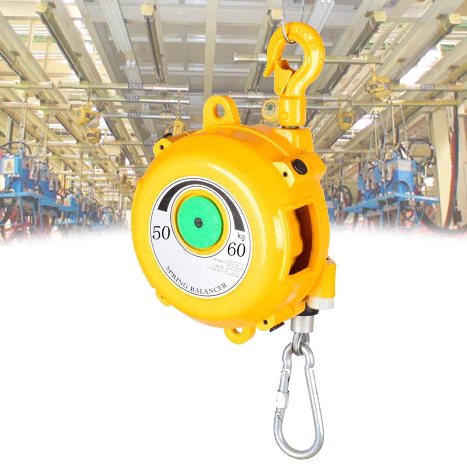 HYQOUKLR Telescopic Spring Balancer, Spring Balancer 1.5 meter Cable Hook Adjustable Retractable Yellow Multiple Load Ranges(50-60kg)