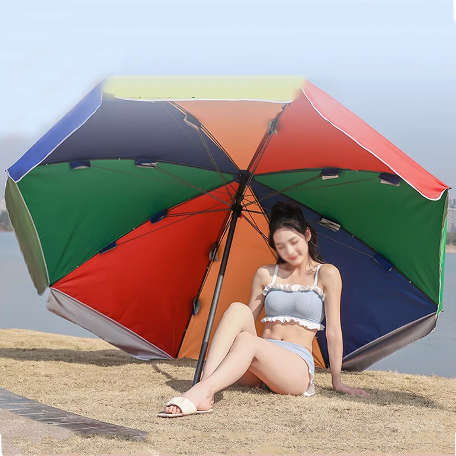 240cm Tęczowy Parasol Plażowy, Przenośny Parasol Zewnętrzny o Regulowanej Wysokości, Odporny Na Wiatr, Ochrona Przed Promieniowaniem UV Parasol Ogrodowy Patio Camping z 8 Żebrami