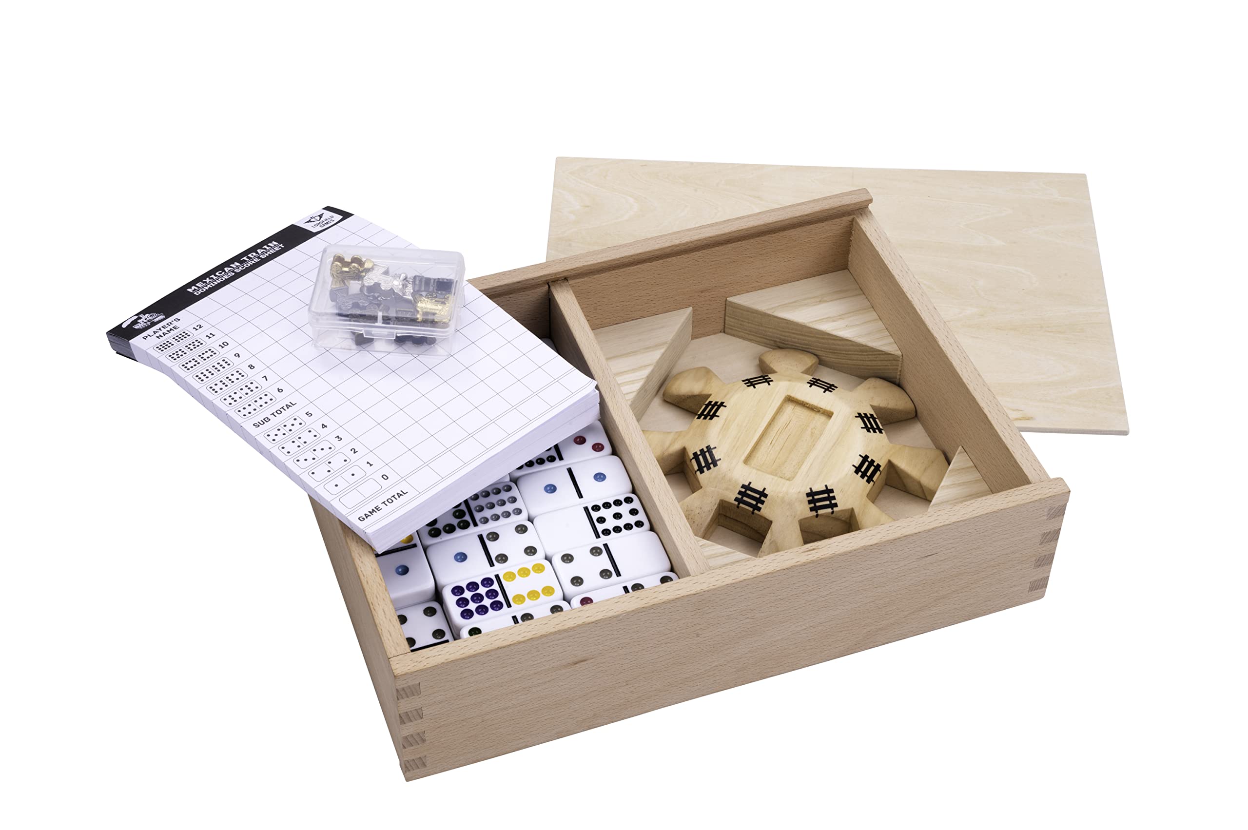 Engelhart – 250120 – Zestaw Mexican Train D12 Deluxe – 91 kamieni – drewniana skrzynka – notes – stacja – 8 pociągów – 2–8 os.