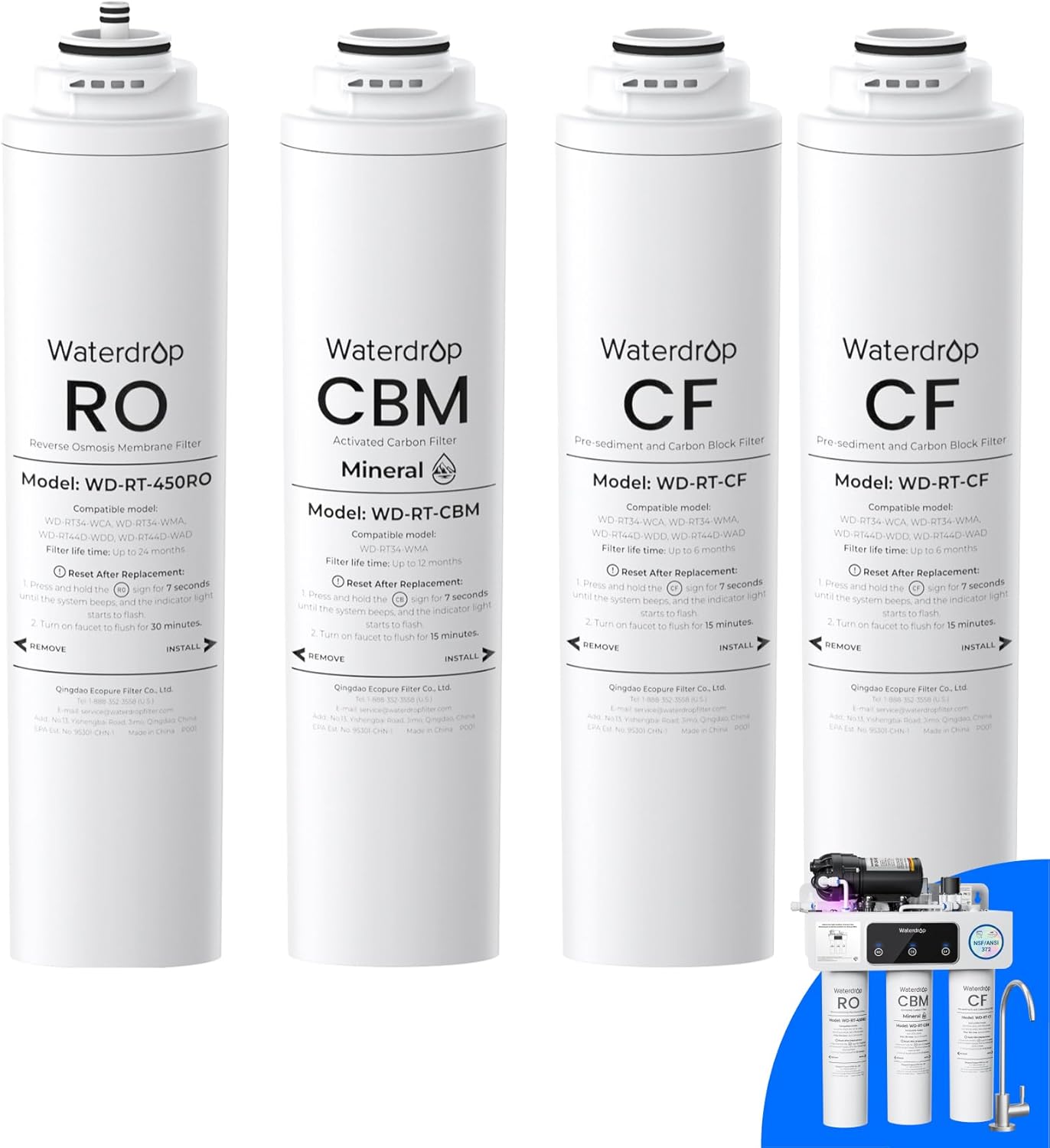 Waterdrop 𝐖𝐃-𝐓𝟑-𝐑𝐂𝐌𝐎 Replacement Filter, Pack of 1 RO, Pack of 2 CF and 1 CBM Filter, Replacement for 𝐖𝐃-𝐓𝟑-𝐌 Tankless Reverse Osmosis Water System (𝟐*𝐂𝐅 + 𝟏*𝐂𝐁𝐌 + 𝟏*𝐑𝐎)