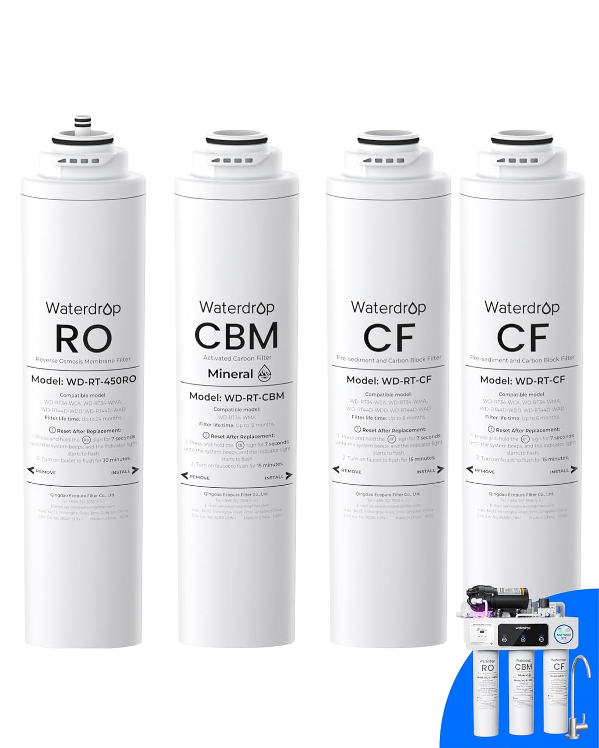 Waterdrop RT-2CFCBMRO Filter, Replacement for Waterdrop T3-M Tankless Reverse Osmosis Water System (𝐂𝐅*𝟐 + 𝐂𝐁𝐌*𝟏 + 𝐑𝐎*𝟏)