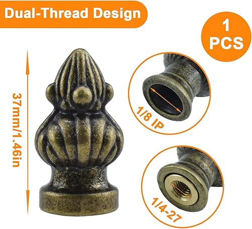Miniatura 30 de Perilla de tapa de latón antiguo con perilla de acabado de lámpara retro con tornillo de doble rosca para pantalla de lámpara, se adapta tanto a 3/8
