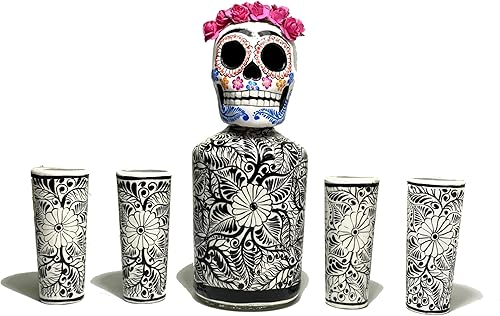 Miniatura 13 de Juego de decantador de tequila, decantador de licor con vasos de chupito y sombrero mexicano, decantador pintado a mano, decantador de calavera
