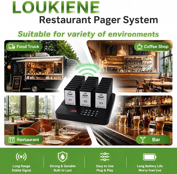 Restaurant Pager System, 24 Pagers Wireless Customer Paging System | Touch Transmitter, Vibration Flash Buzzer Alerts, 300m Range, Rechargeable Guest Call System for Restaurants Food Trucks