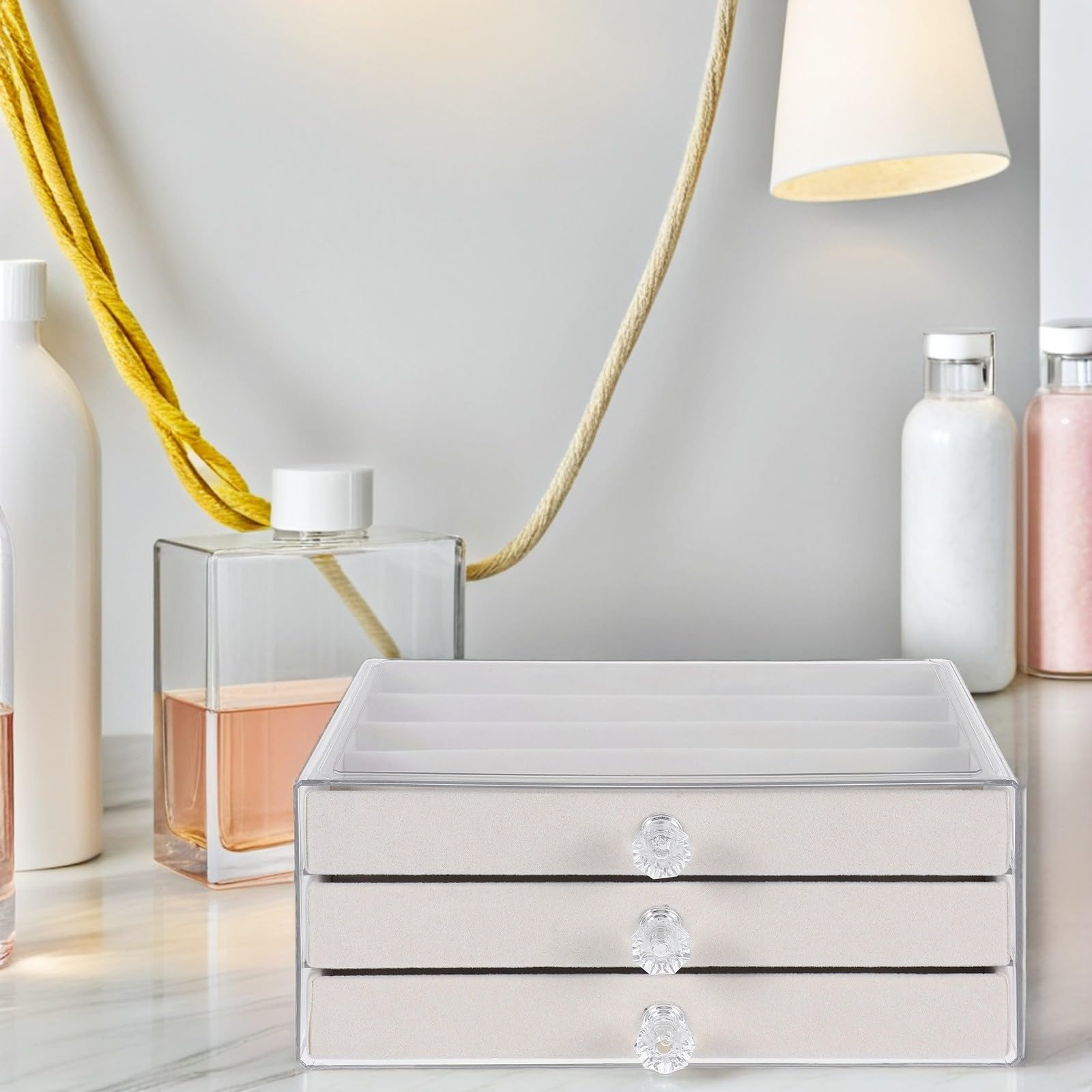 Zerodeko Organizer in Velluto Beige per Collane e Bracciali, Scatola Portaoggetti Antipolvere 15 Scomparti e 3 Strati, Custodia da Scrivania per Donne e Ragazze