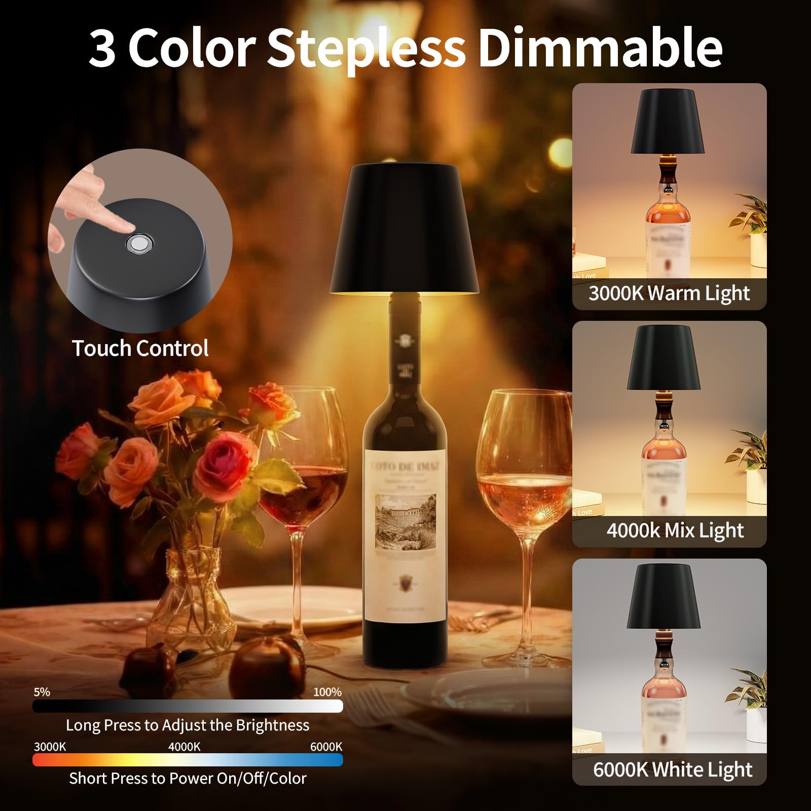 Lámparas LED para Botella 2 Piezas, Lámparas de Mesa Inalámbricas Recargables para Interior y Exterior – 3 Temperaturas de Color, Regulación Continua, IP54, Cuerpo Metálico, 5300 mAh, Negro
