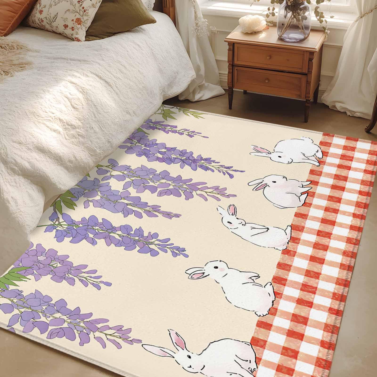 Area Rugs 2.7x5 for Living Room, Purple Wisteria Non Slip Washable Rug Runner, Cute Rabbits Pastoral Farmhouse Plaid Low Pile Indoor Floor Carpet Mat Bathroom Rugs for Bedroom, Kids Room