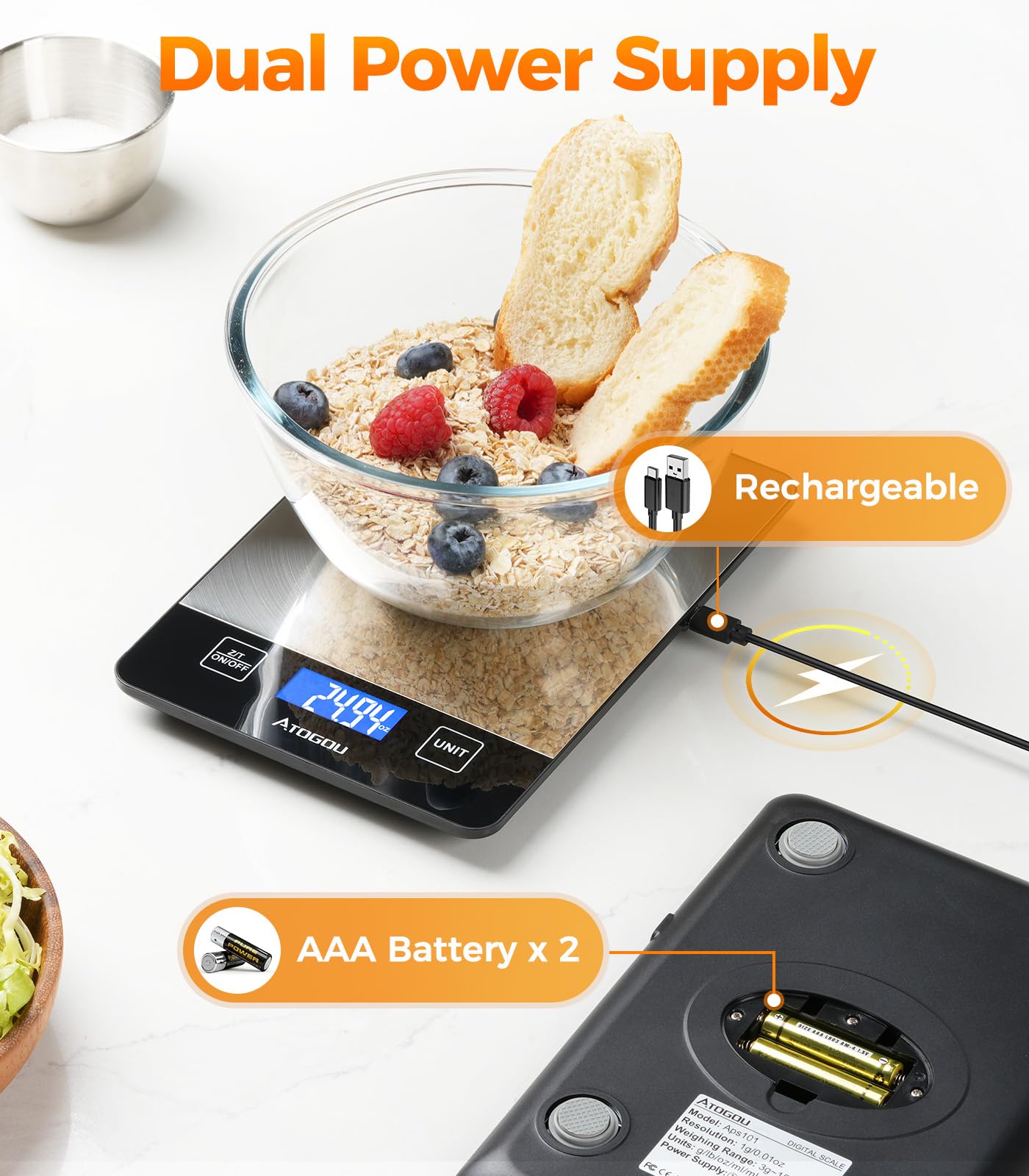 ATOGOU Báscula de cocina recargable con pantalla LCD retroiluminada de visión completa, superficie de acero inoxidable impermeable, carga USB o pilas AAA (no incluidas), para hornear, cocinar