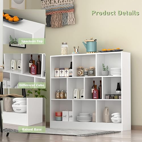 Miniatura 7 de Estantería de 10 cubos, organizador de almacenamiento abierto de madera de 3 niveles para sala de estar, dormitorio, oficina en casa, blanco (47.2