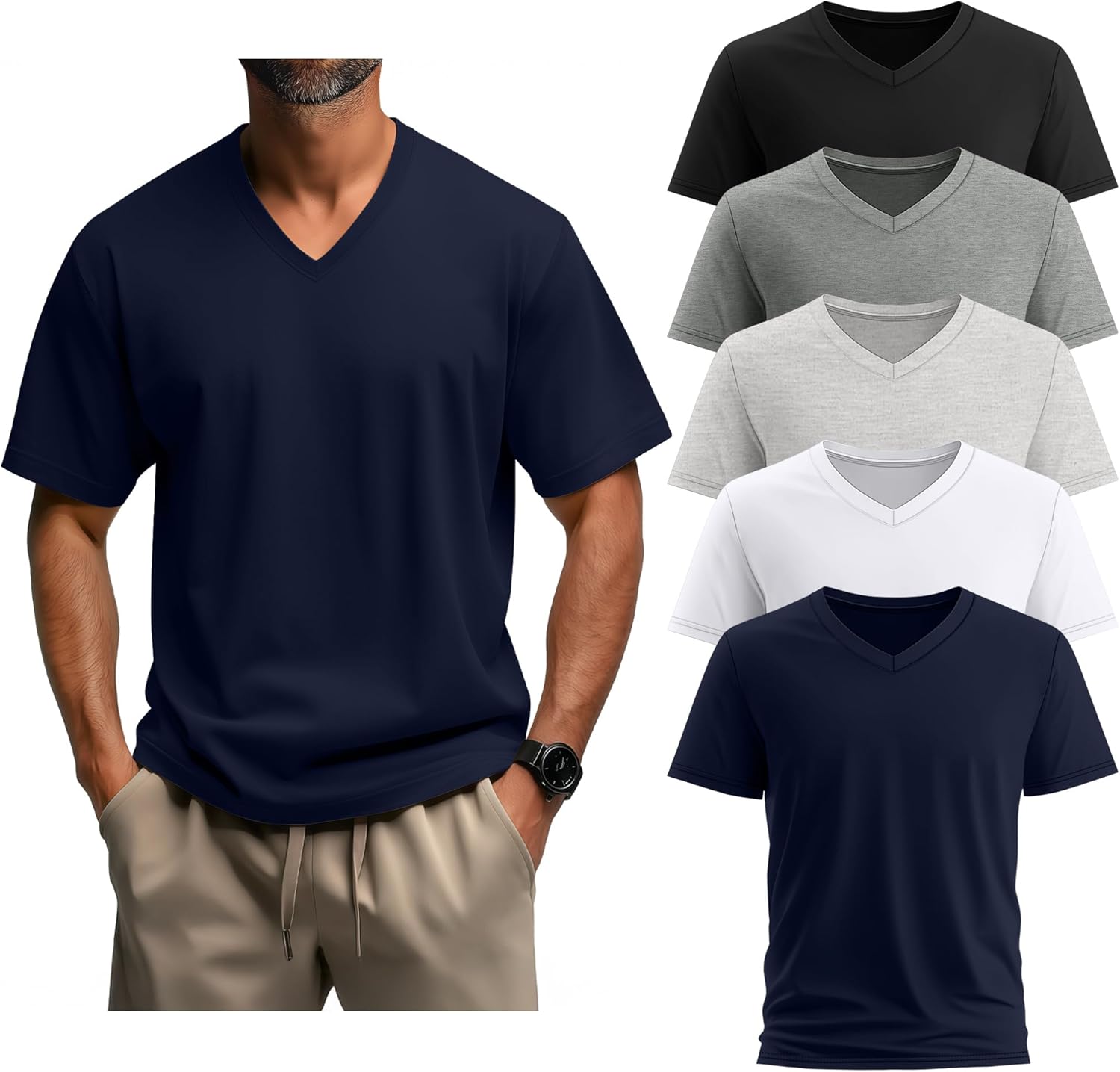 5 Pack Men's Big and Tall Shirts Casual V Neck Short Sleeve Tees Summer Cotton Basic T Shirts Multipack