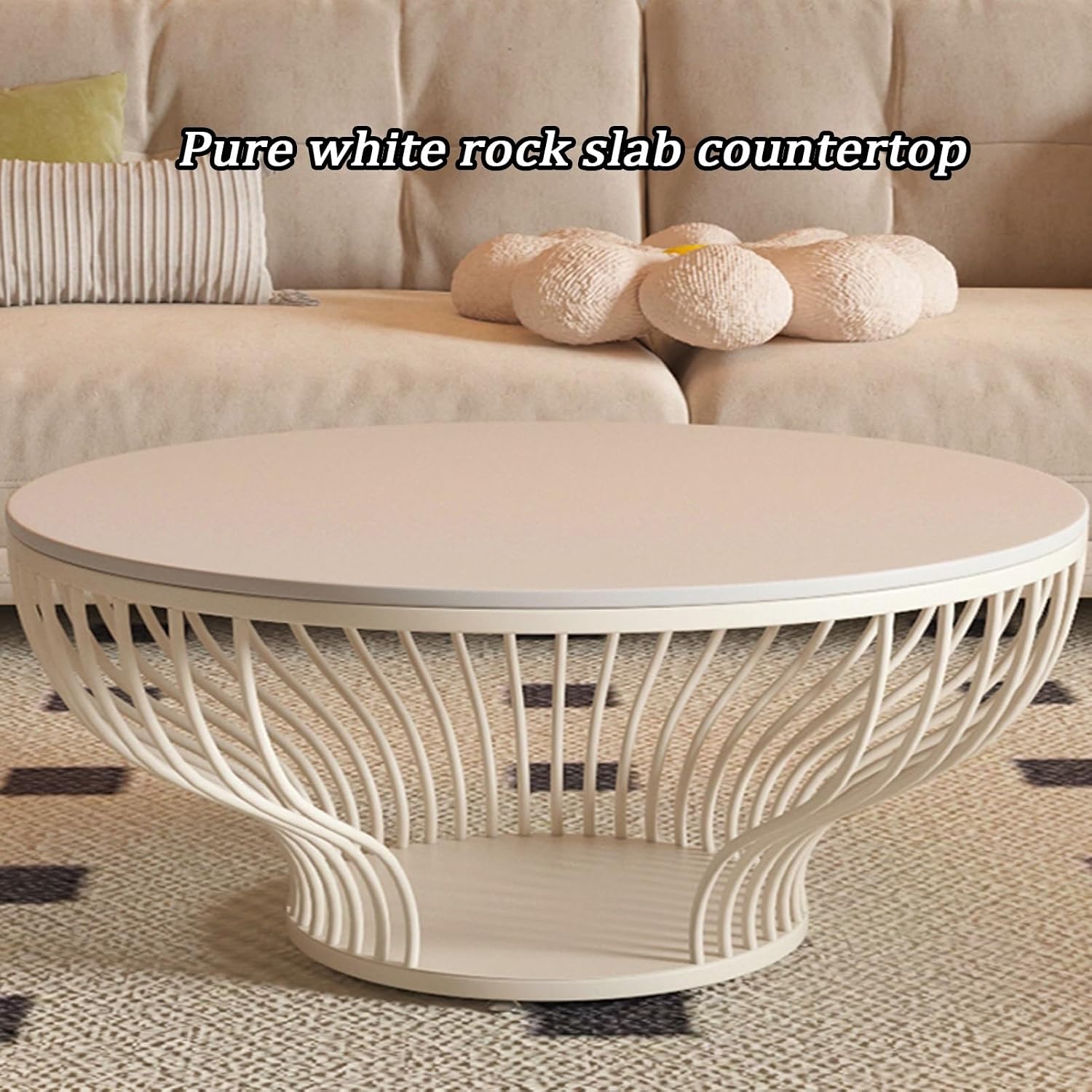 Nesting Coffee Table, White Rock Slab Coffee Table, Stacking Side Tables with Large Storage Space, Carbon Steel Side Table, High Edge Design, for Living Room