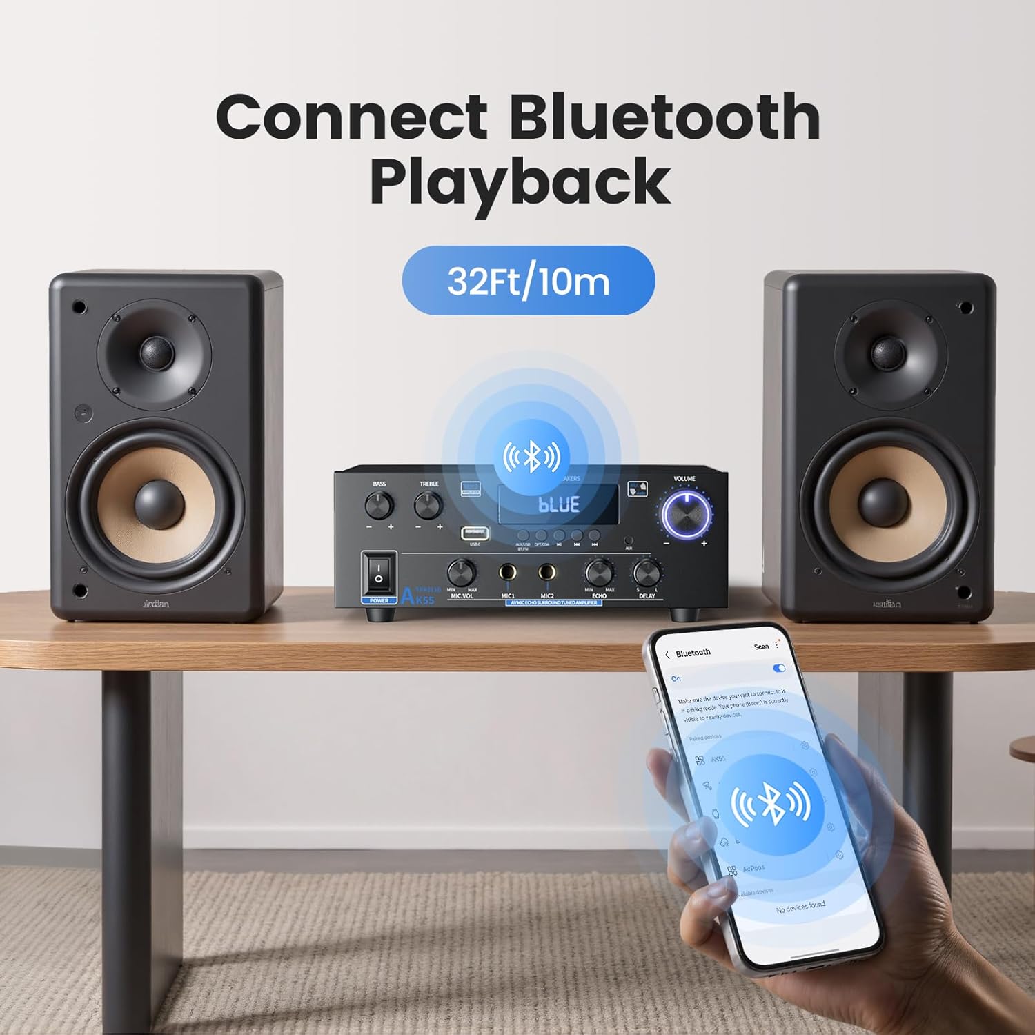 Stereo Home Audio Amplifier with 5.0 Bluetooth Receiver for Speaker, 300W+300W Bluetooth HiFi Stereo Power AK55 Amplifier 2.0 Channel RMS 40Wx2 Home System Remote Control Amp W/MIC,USB, RCA,FM Radio - Image 4