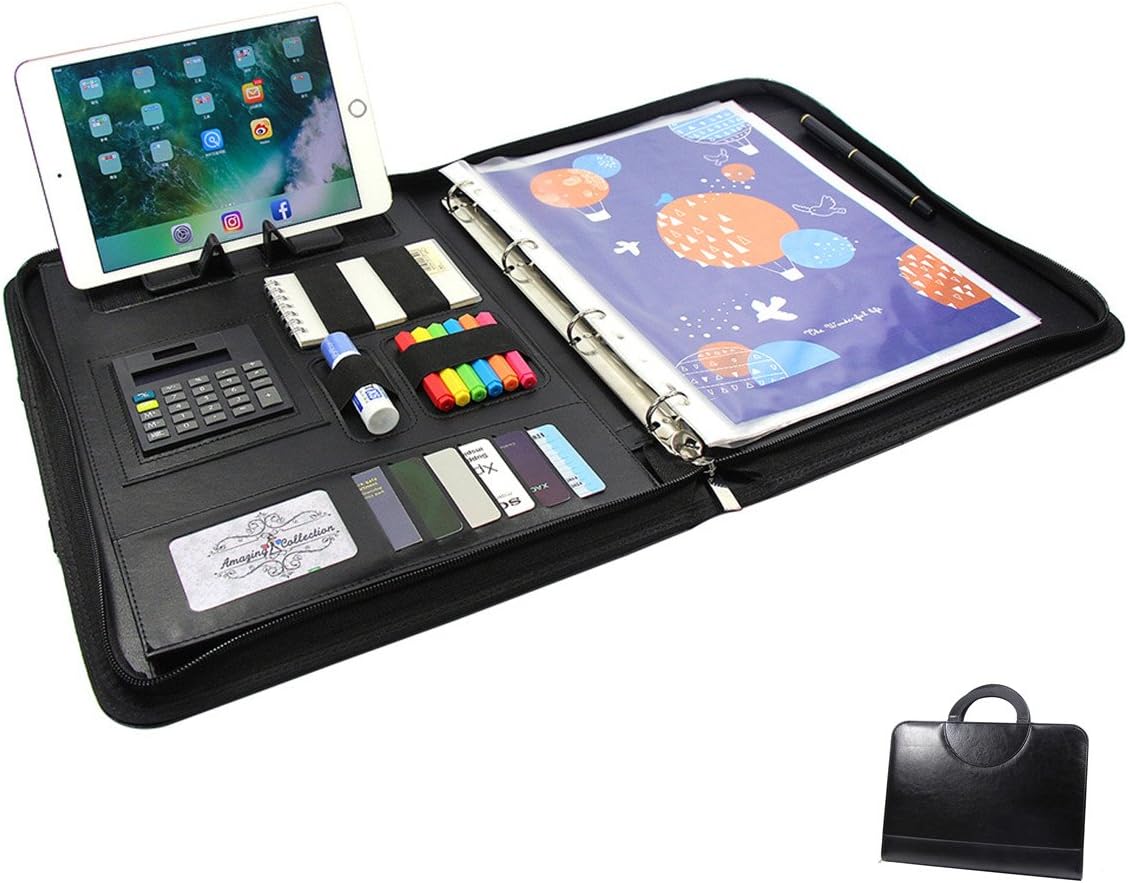 A4 Multifunctional Business Padfolio Portfolio Folder with Calculator and Writing Pad,Professional Interview Padfolio Folder Case with Zippered Closure and 4 Ring Binder