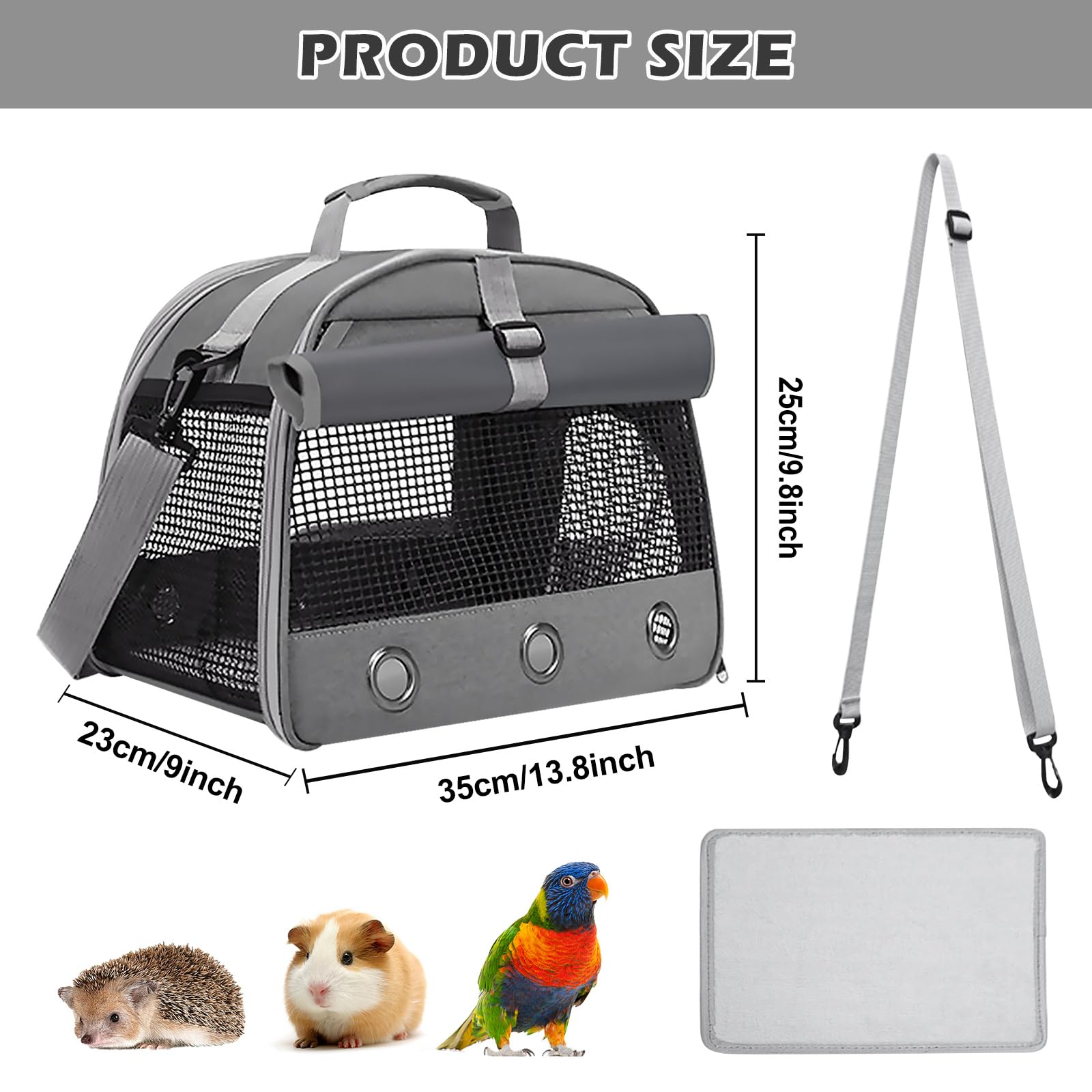 Sac De Transport pour Petits Animaux,35x25x23CM Sac De Voyage pour Animal Domestique,Sac De Transport pour Cochon d'Inde pour Lapins,Hamsters,Hérissons,Cochons d'Inde,Petits Animaux Domestiques,Gris