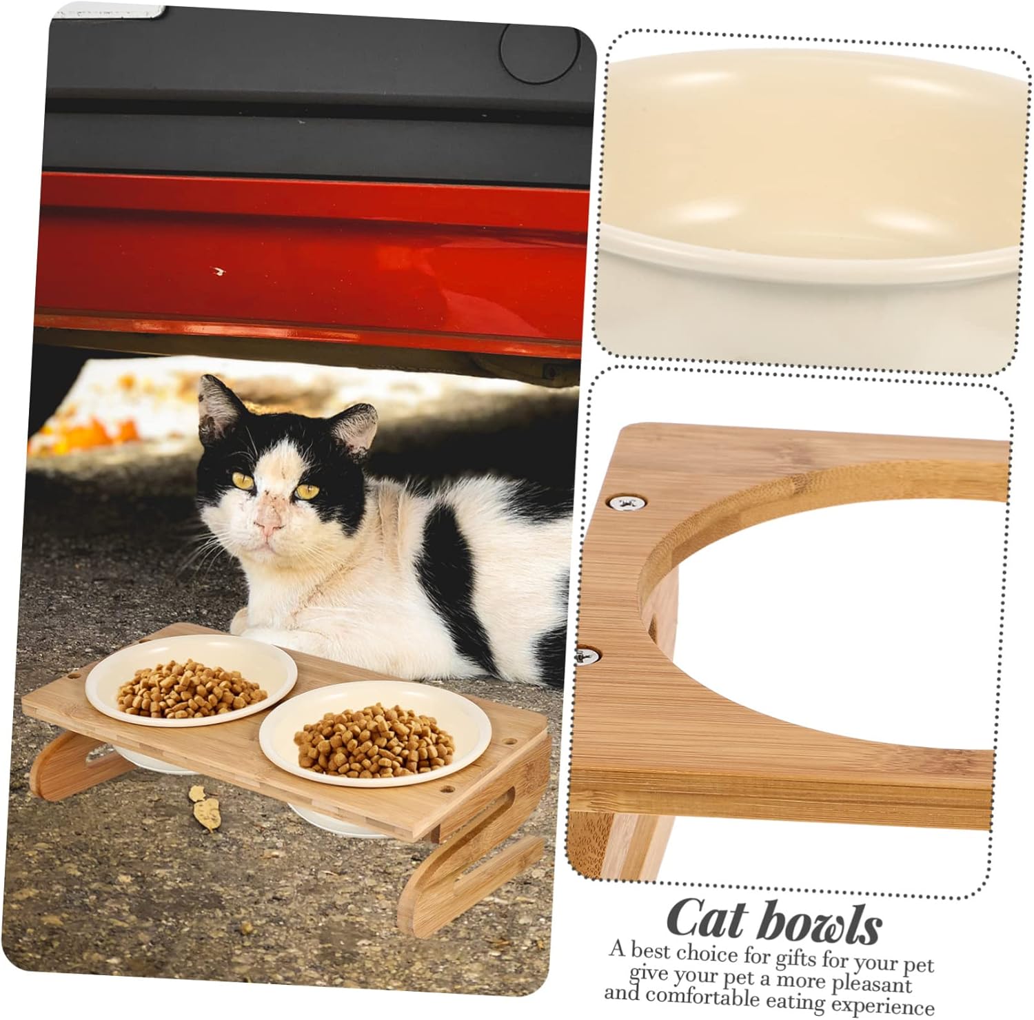 Ceramic Elevated Cat Bowl with Wood Rack Ergonomic Design for Neck Protection Reusable Indoor Cat Food and Water Feeding Bowl