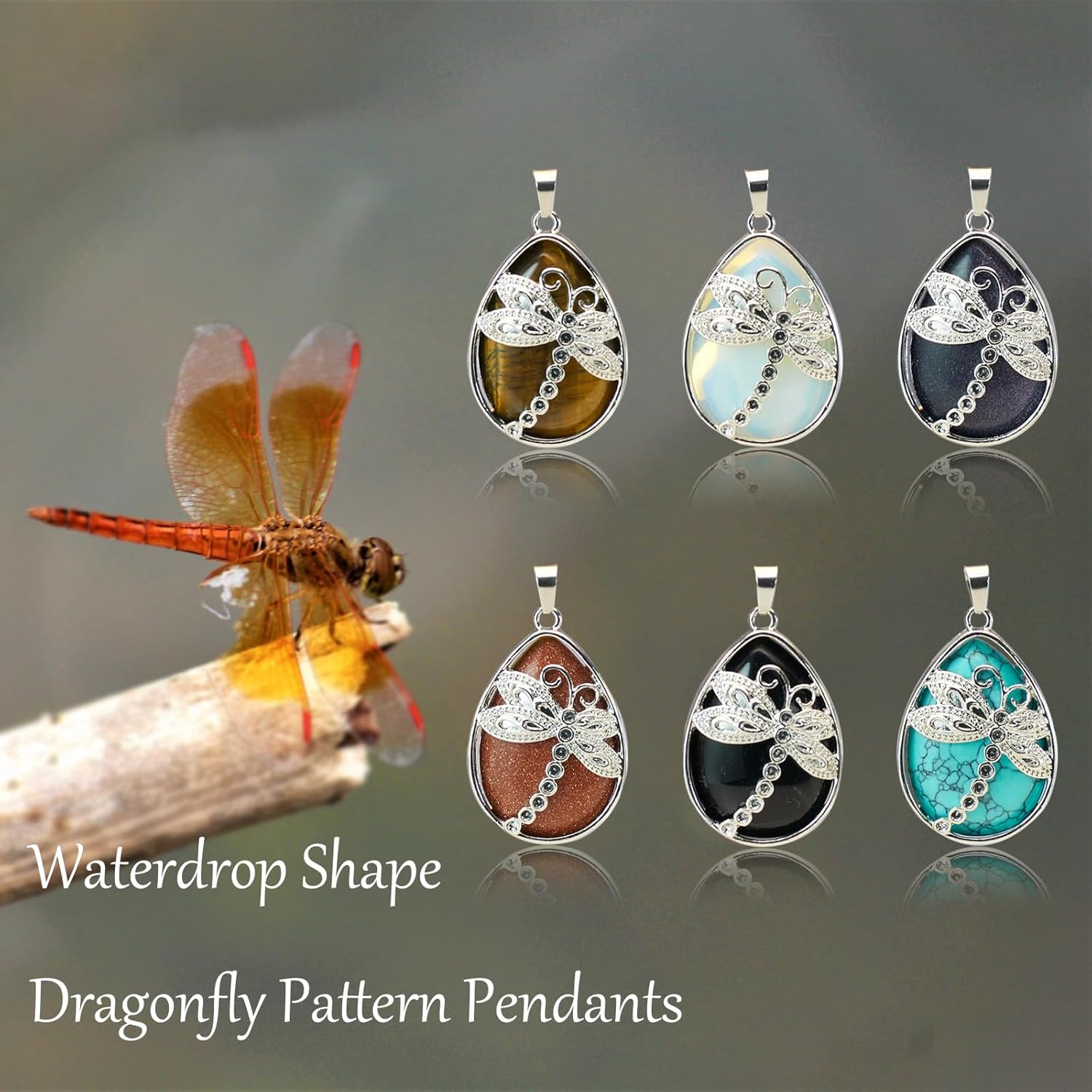 6 Pieces Natural Stone Pendant Waterdrop Shape Healing Crystal Quartz Dragonfly Pattern Charm for Jewelry Making Necklace Bracelet DIY Gift - Image 6
