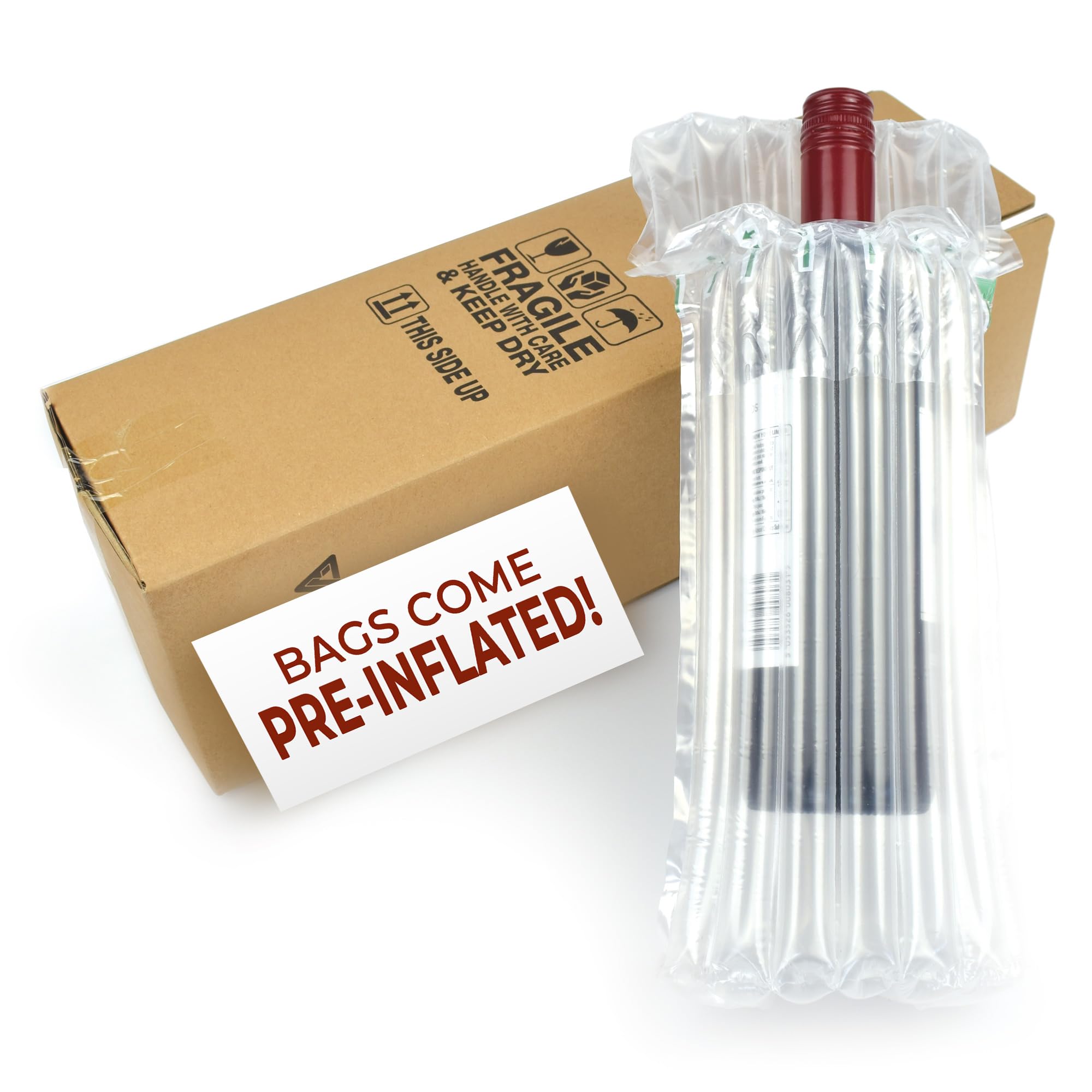 Evg Brown Evergreen Goods Pre-Inflated Wine & Beer Bottle Bags With Cardboard Box, Durable Packaging For 750Ml Bottles, 370 X 130 X 130Mm Carton, 100 Um Thickness, Perfect For Gifting And Shipping (30)
