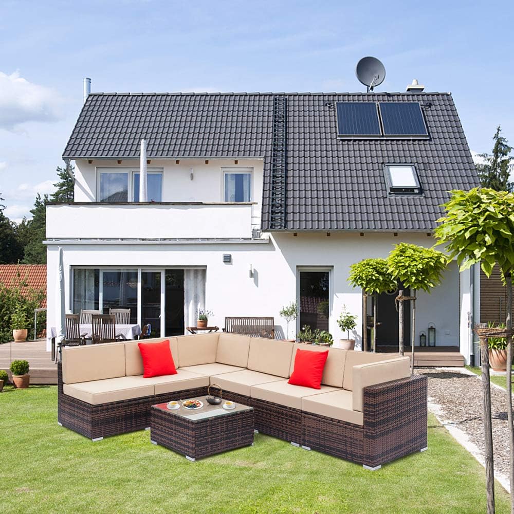 7-Piece Modular Outdoor Sectional Wicker Patio Conversation Set w/ 2 Pillows, Coffee Table, Cover Included Brown Gradient/Beige