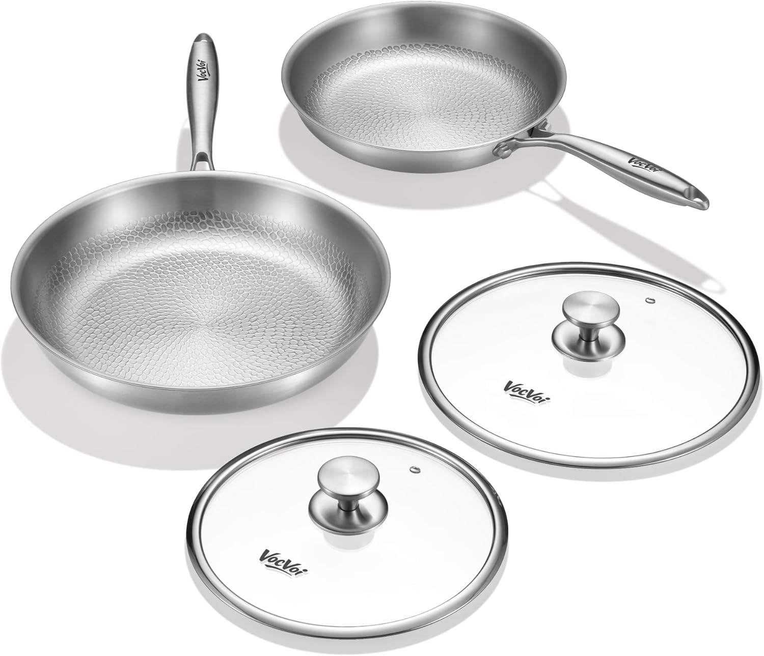Titanium pans for cooking Non Stick with lid,10"+12" Uncoated Hammered titanium pro frying pan, PFAS Free Cookware, Butter warmer skillet, Induction & Oven-Safe