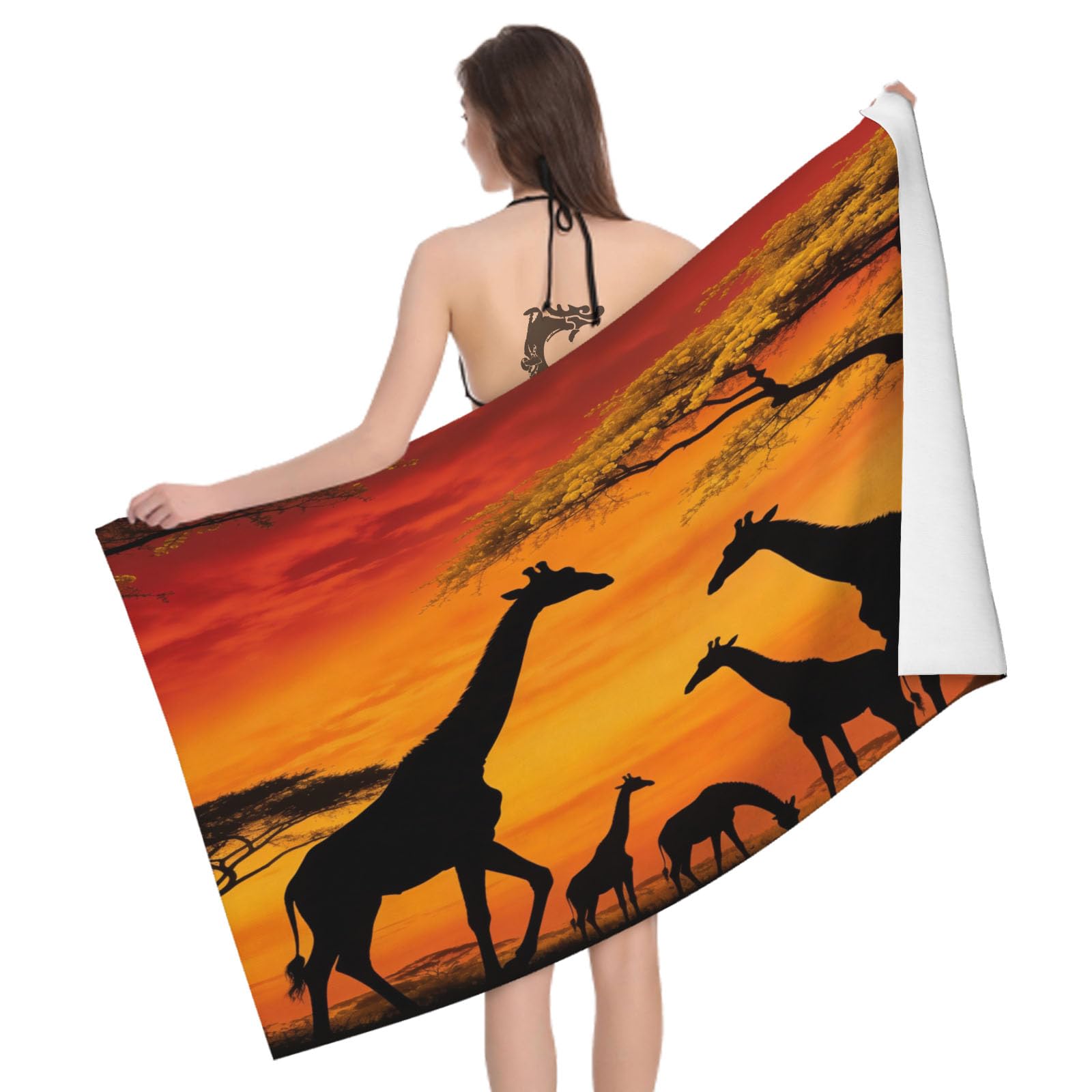 Leichong 3D Afro Giraffe Beach Towel Large Microfiber Soft Quick Dry for Adults, African Landscape Bath Towel Lightweight Soft Absorbent for Travel Swimming Pool Sports, 80 x 160 cm