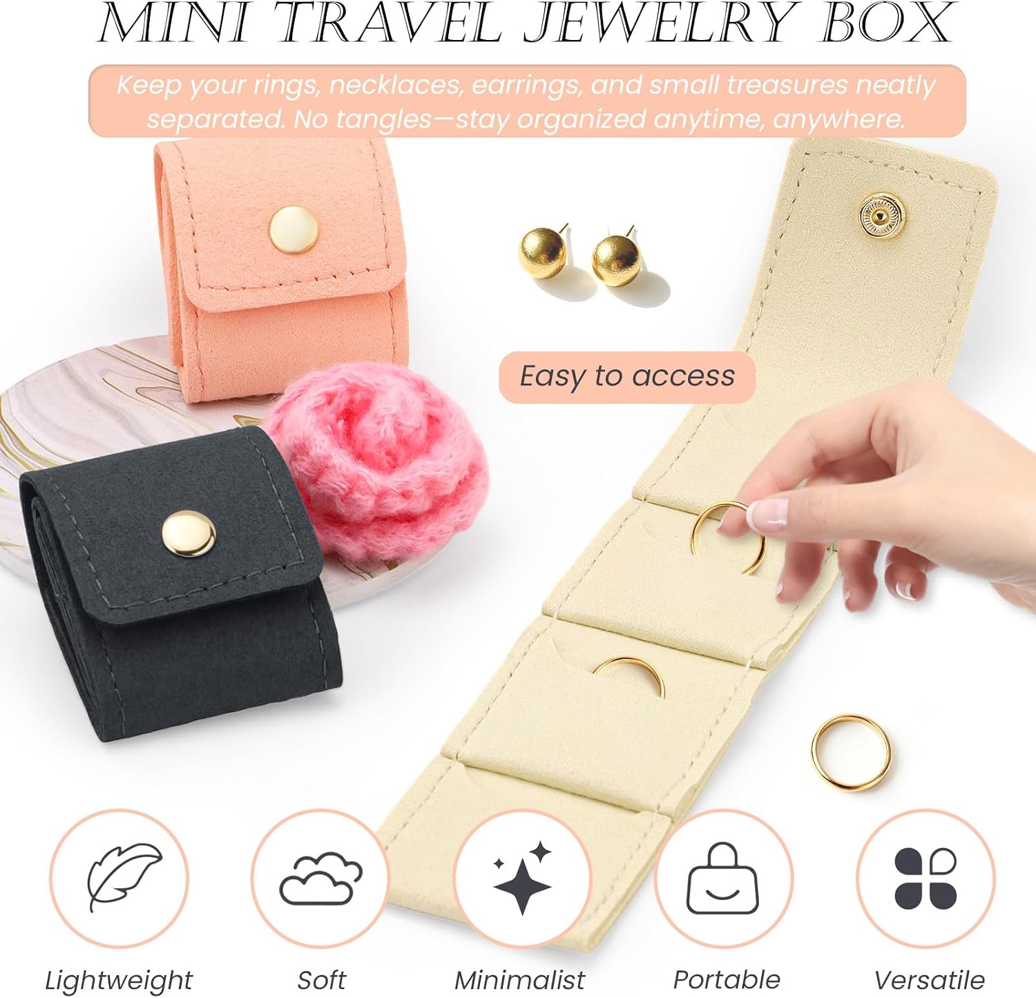 Huakaile 6 Packs Foldable Mini Travel Jewelry Pouch Roll Bag with Buckle, Portable Jewelry Pouch for Traveling Necklace Ring Earring Women, Small Storage Organizer Case 3 Colors (6)
