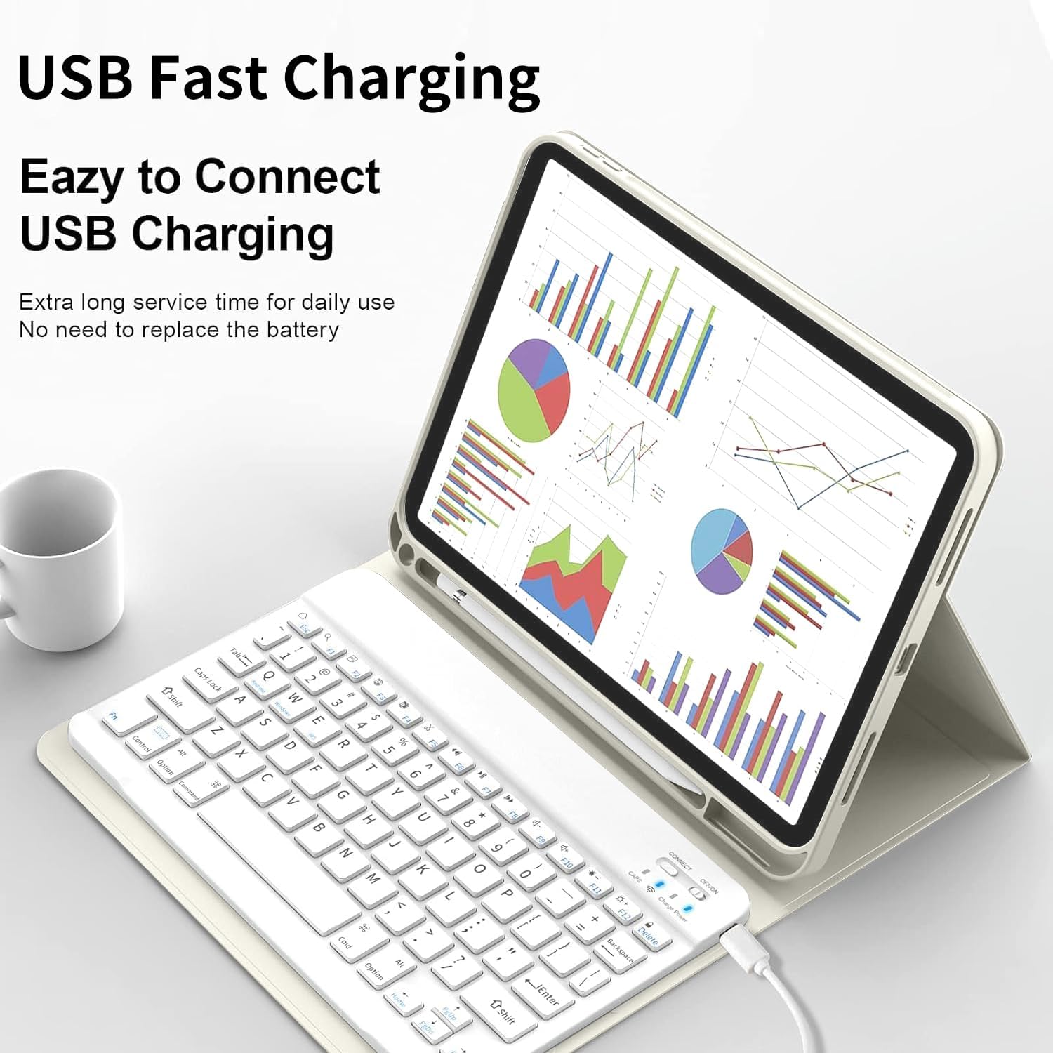 kenke for iPad Air 11 Inch M3/M2 (2025/2024), iPad Air 5/4th Gen (2022/2020) 10.9 Inch Case with Keyboard, Detachable Wireless Bluetooth Keyboard Cover with Left Side Pencil Holder (Cream) - Image 4