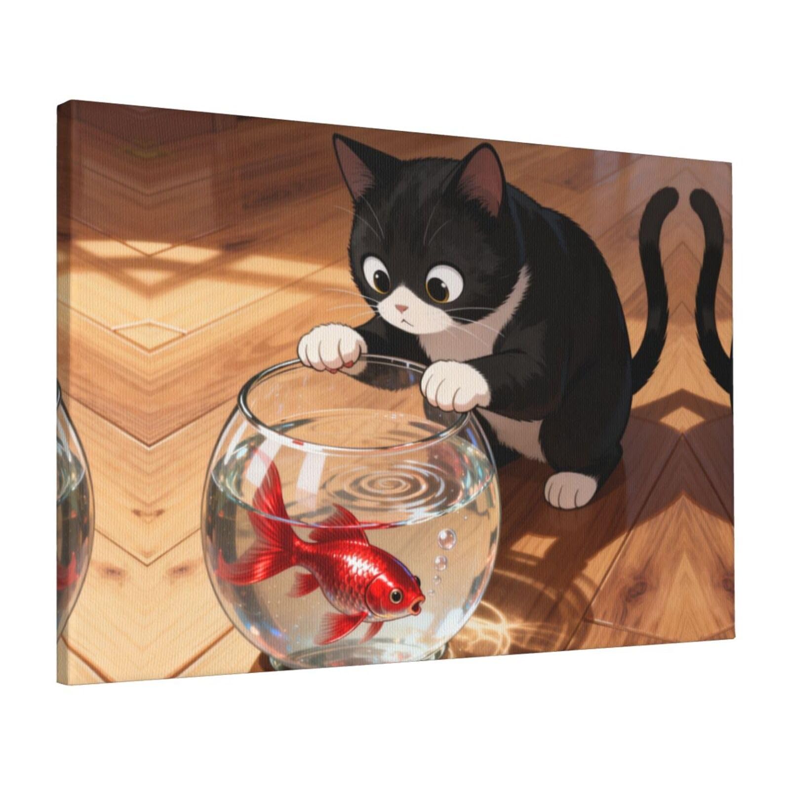 CNTDBU Cat Fish Tank Canvas Wall Art 16x24 Inch-Large Modern Painting Print for Living Room, Framed Ready to Hang Artwork for Bedroom