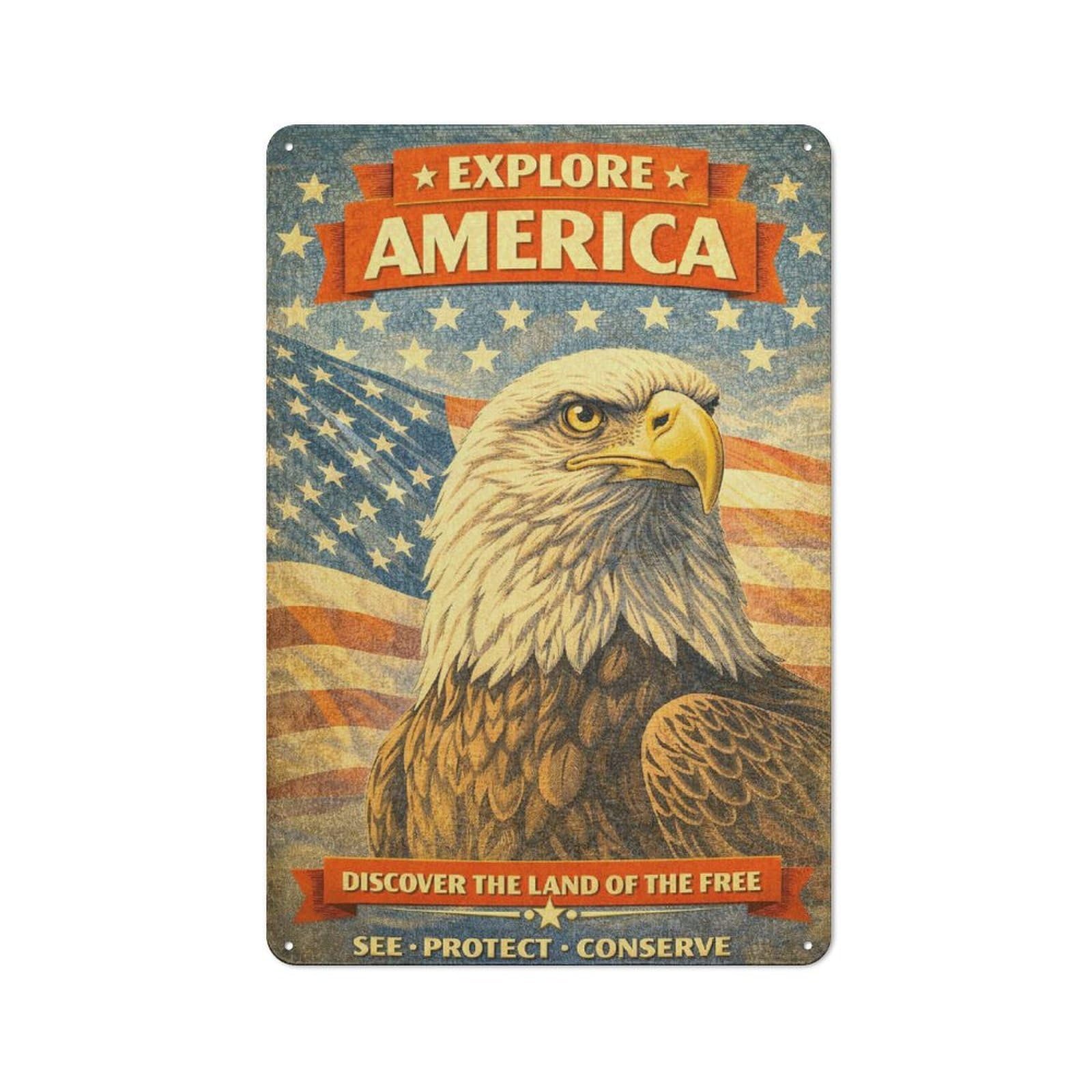 Junmoney Style-23 30X20cm Rustic Metal Wall Sign With Explore America Eagle Vintage For Living Room Wall, Metal Sign Decor For Living Rooms And Feature Walls