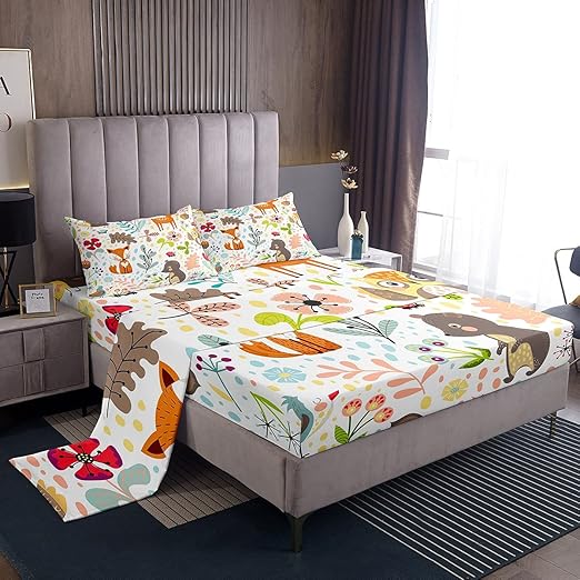 Erosebridal Kids Fox Bed Sheets Set Queen Size,Cartoon Bear