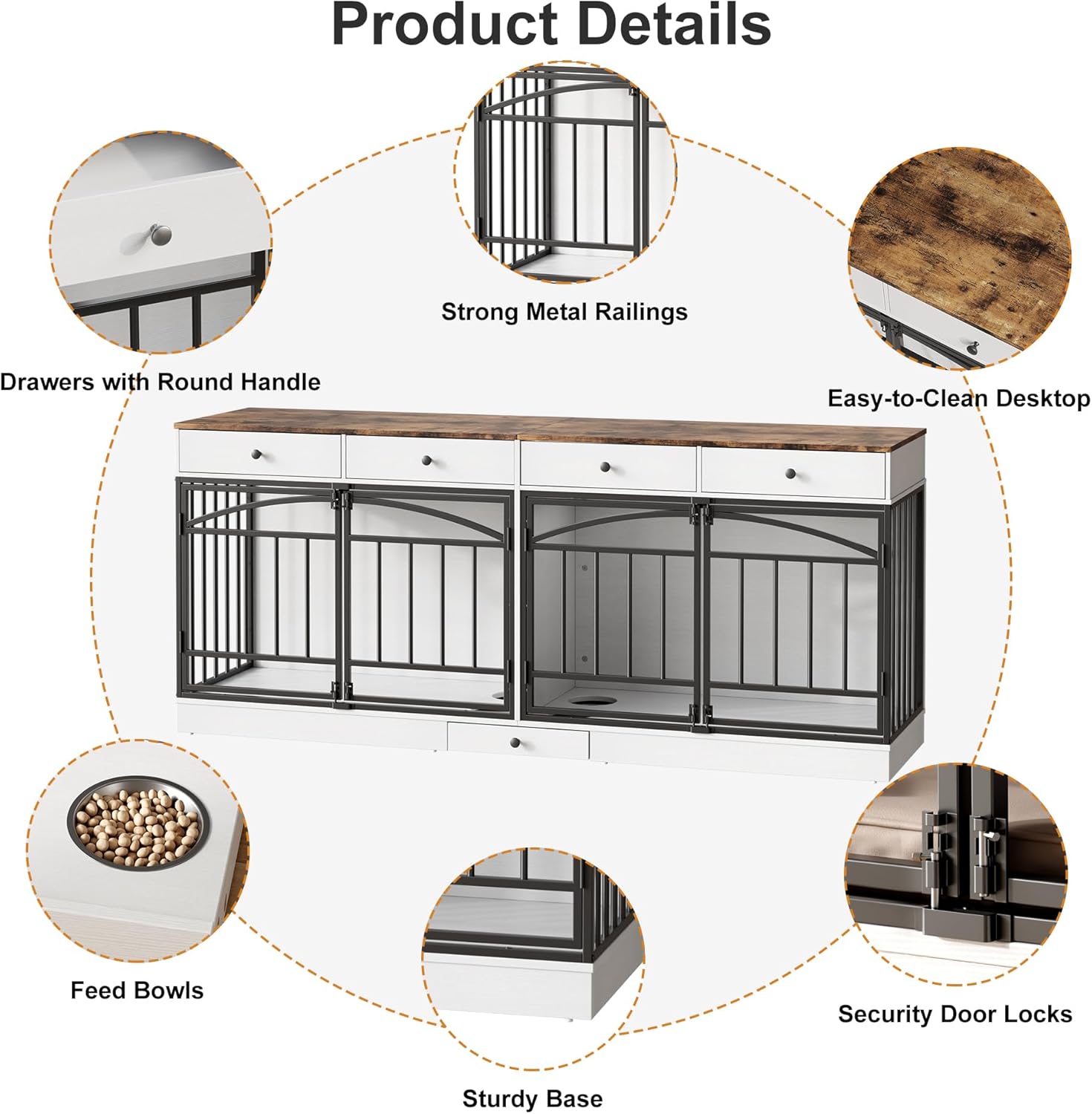 IDEALHOUSE 78.7" Double Dog Crate Furniture with Storage and 4 Doors, Dog Kennel Indoor with Feeding Bowls, Wood Dog Crate TV Stand for Small Medium Dogs, White