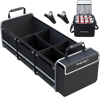 Farasla Waterproof Car Trunk Organizer with Insulated Leakproof Cooler Bag - Collapsible, Adjustable Straps, Black