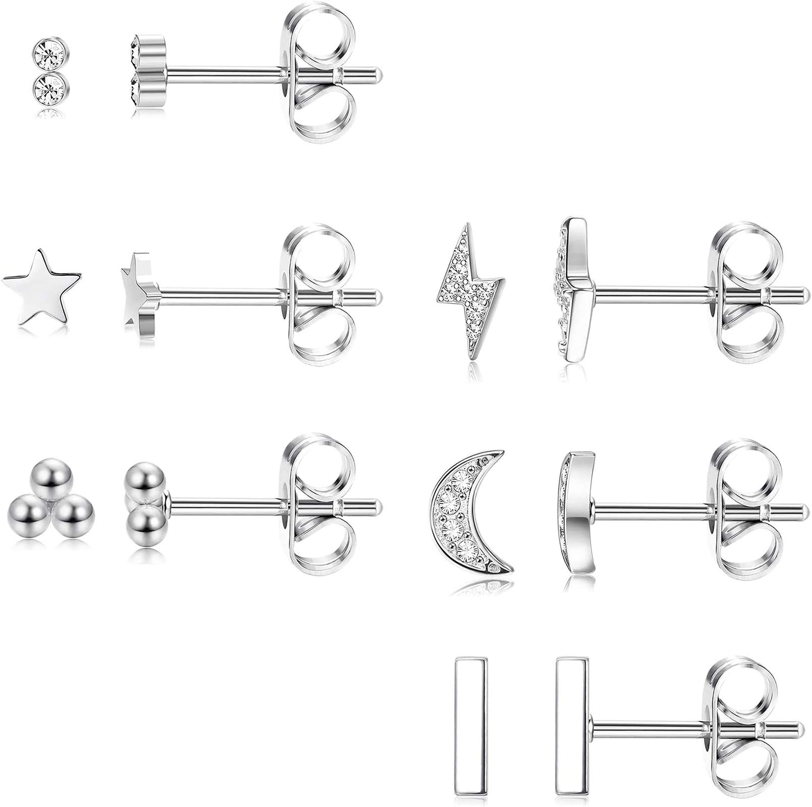 CASSIECA 6 Pares Pendientes Plata de Ley 925 Mujeres Hombres Estrella Lunas Aretes Pequeños Bar Aretes Bolas Básico Pendientes Circoniña Cartílago Pendientes Hipoalergénicos CZ Piercing Oreja