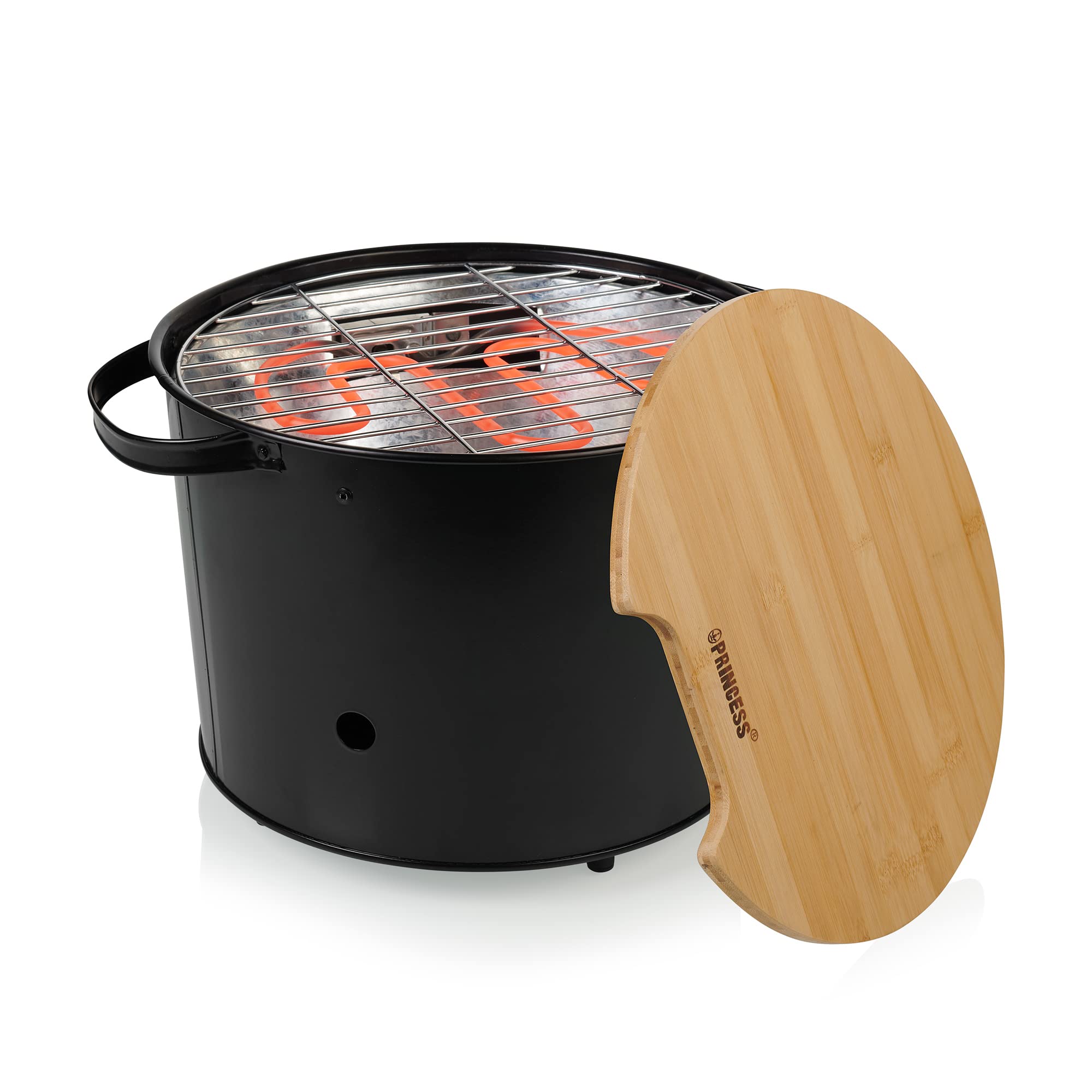 Princess 112240 Barbacoa híbrida eléctrica o de carbón, con una tabla para cortar de bambú,​1400 W