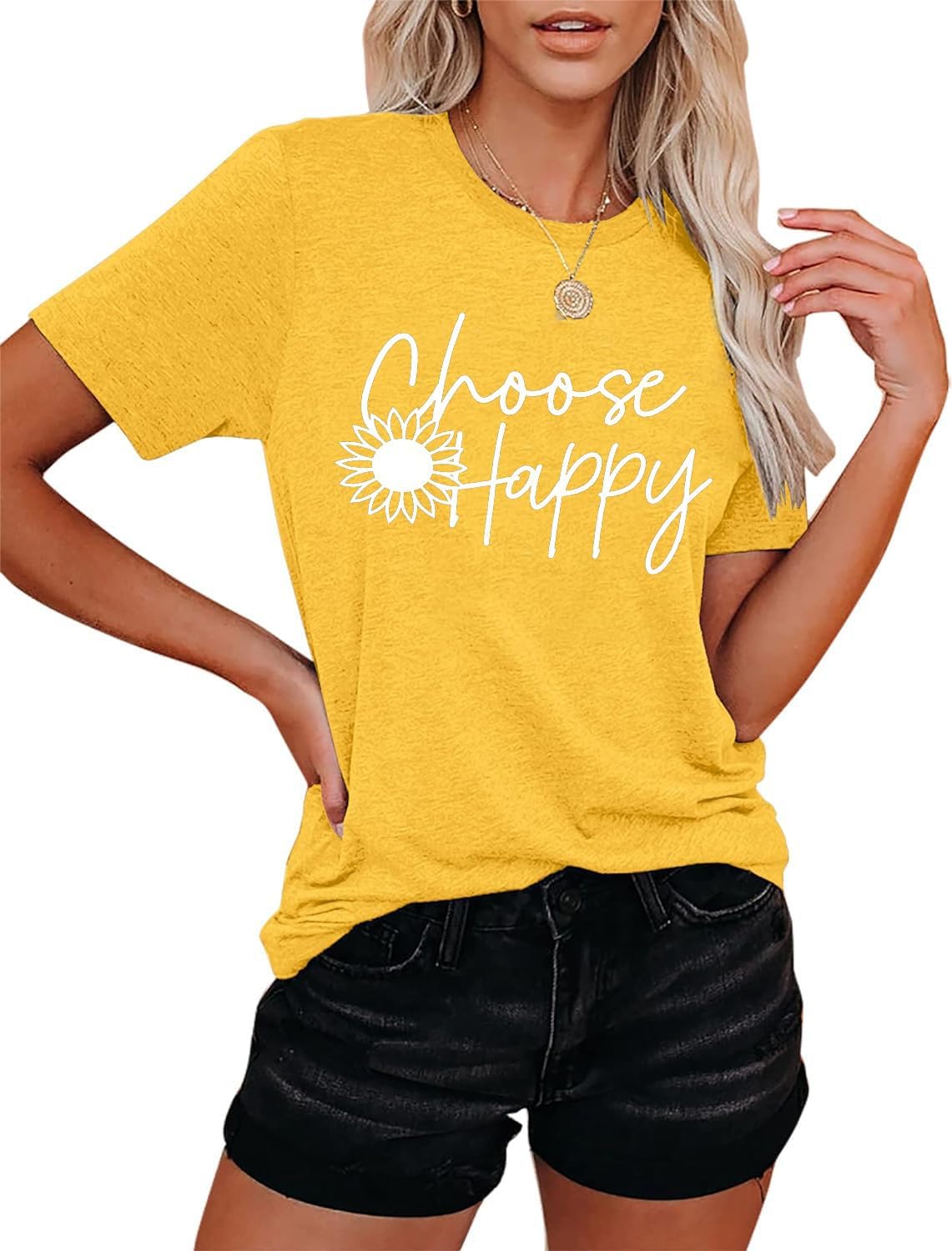 Graphic Tees for Women Choose Happy Letter Print Shirts Sunflower Women T Shirt Inspirational Short Sleeve Casual Tops - Image 4