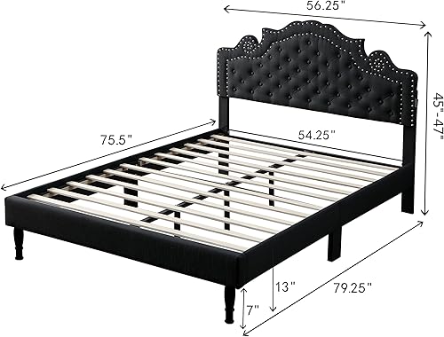 Miniatura 2 de Base de cama tapizada matrimonial con cabecera ajustable de 47 pulgadas de alto cama de lino capitoné con botones soporte de listones de madera con