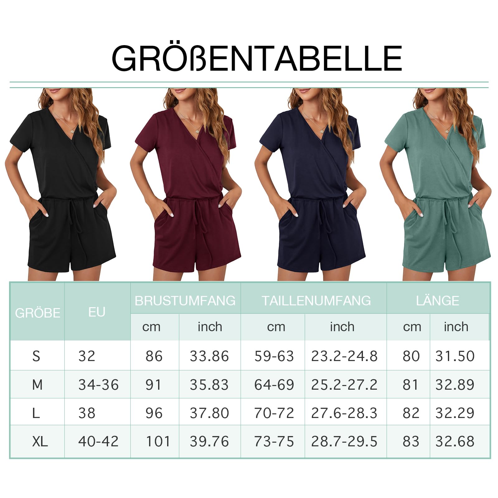 Sommer Jumpsuit Damen Elegant Playsuit Casual Overall Kurzärmel Romper Verstellbarer elastischer Bund einfarbiger mit Taschen