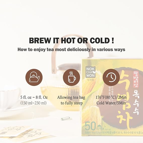 [Nokchawon] Korean Corn Silk Tea Bags - Caffeine Free Roasted Corn Tea for Wellness, Daily Hydration and De-bloating Support - Traditional Savory Grain Tea - 50 Count