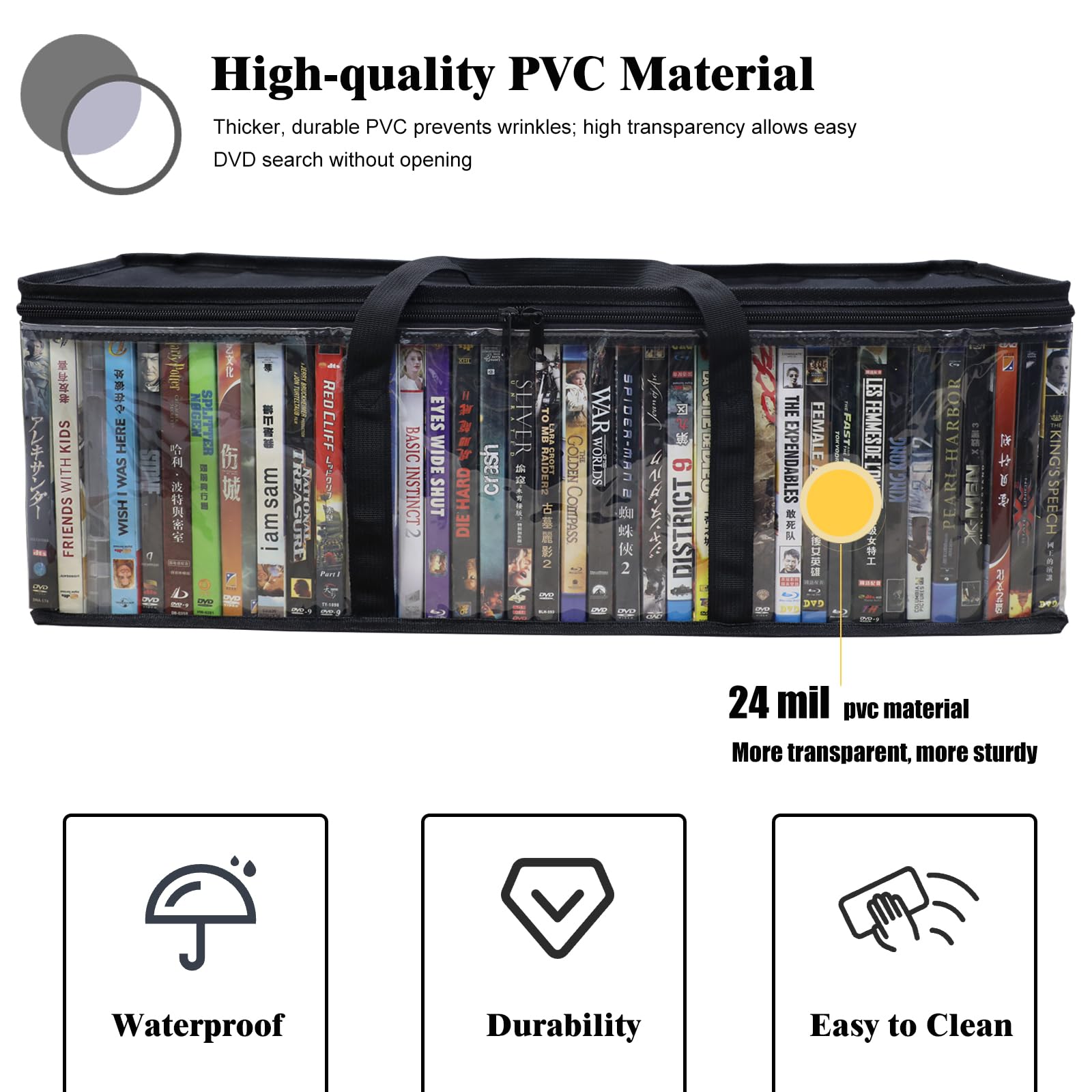 DVD-Aufbewahrungstaschen, 6 Stück, für 240 DVDs (je 40 Stück), wasserfeste, transparente PVC-Hülle mit Griffen, stapelbare Medien-Aufbewahrung für Blu-Ray, CDs, Videospiele