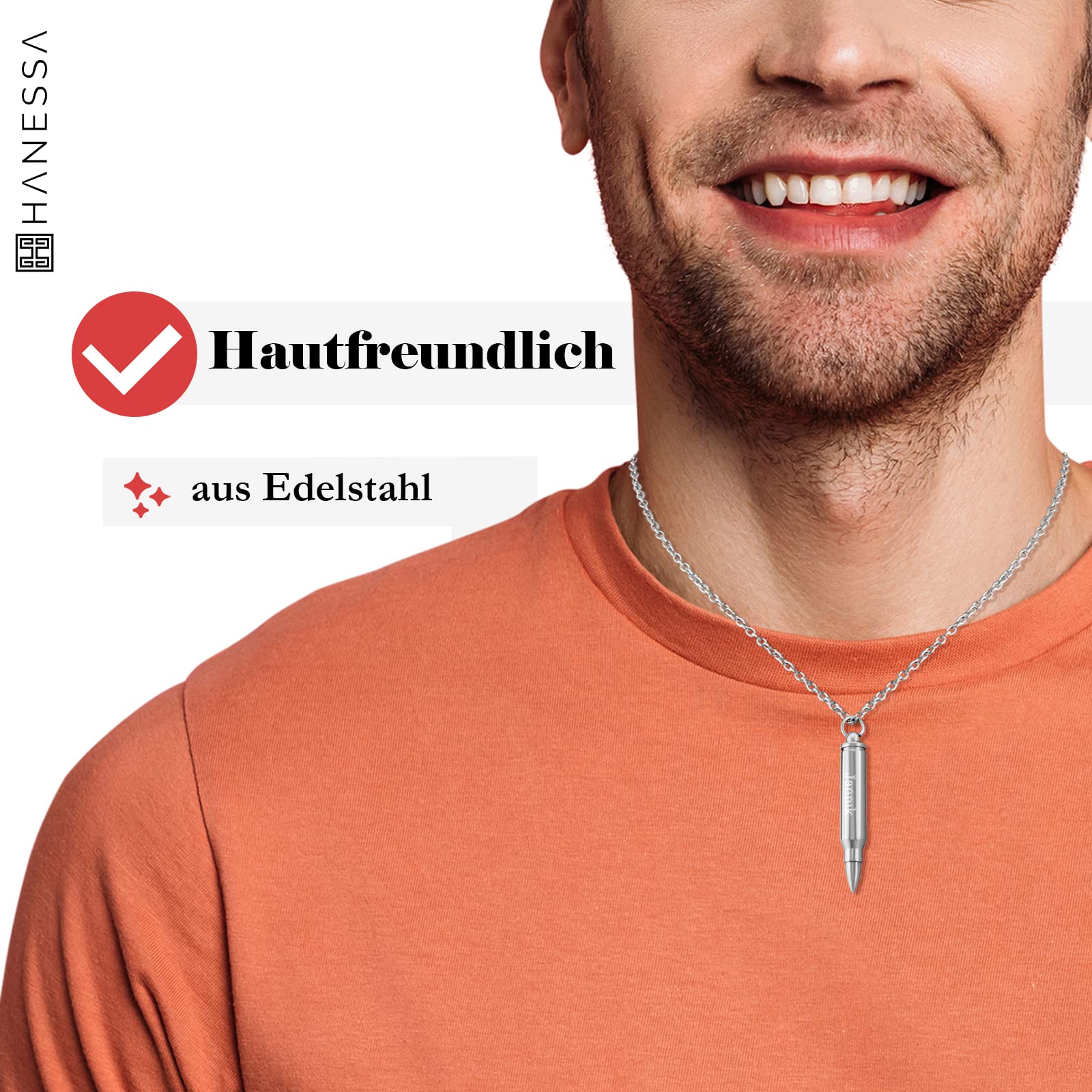 Personalisierte Kette mit Gravur Edelstahl 50 cm mit Anhänger Patronenhülse Pistolenkugel zum Aufschrauben - Halskette für Männer Frauen - Personalisierter Schmuck