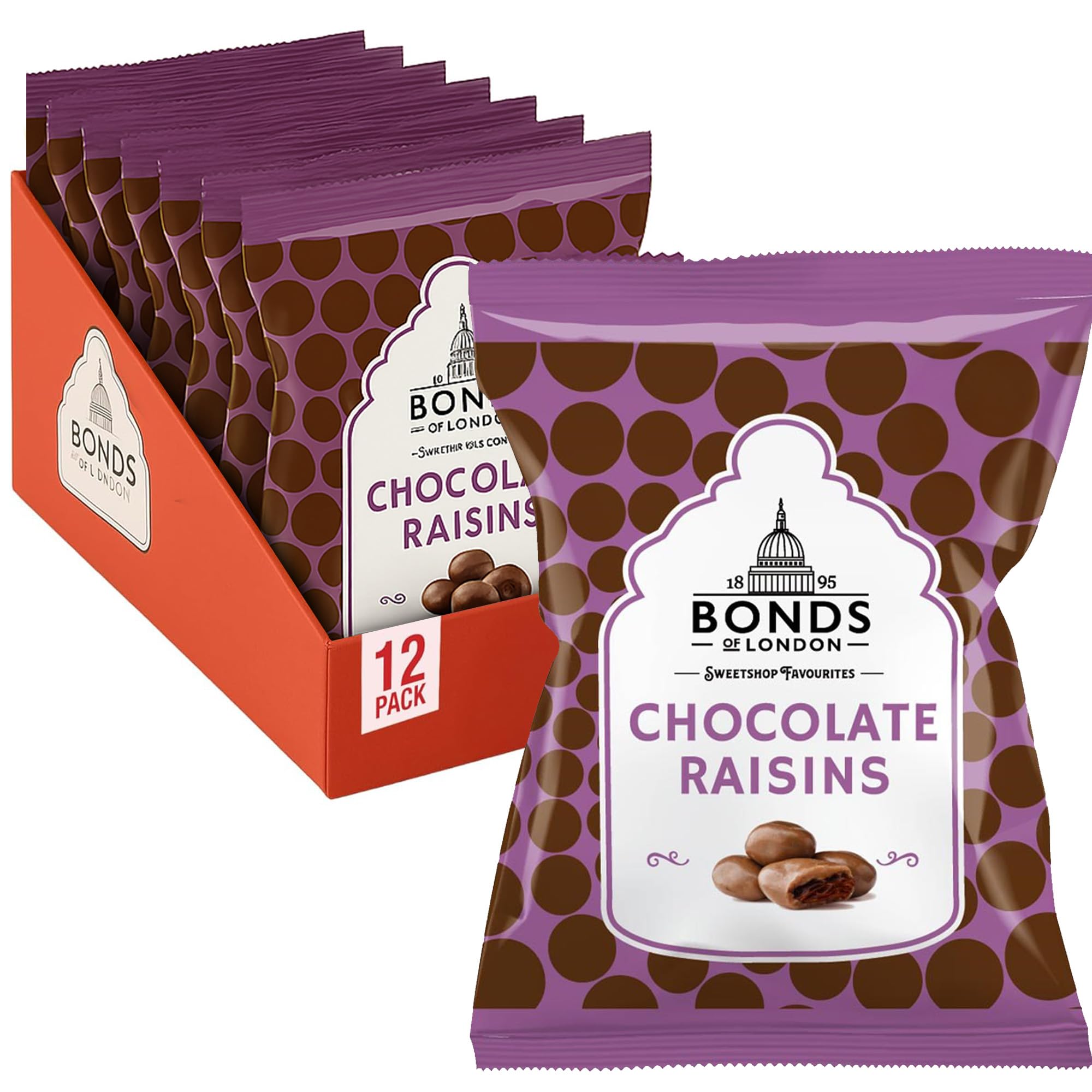 Bonds of London Chocolate Raisin Bags, Traditional & Retro Milk Chocolate Coated Sweets, 75 g (Pack of 12)