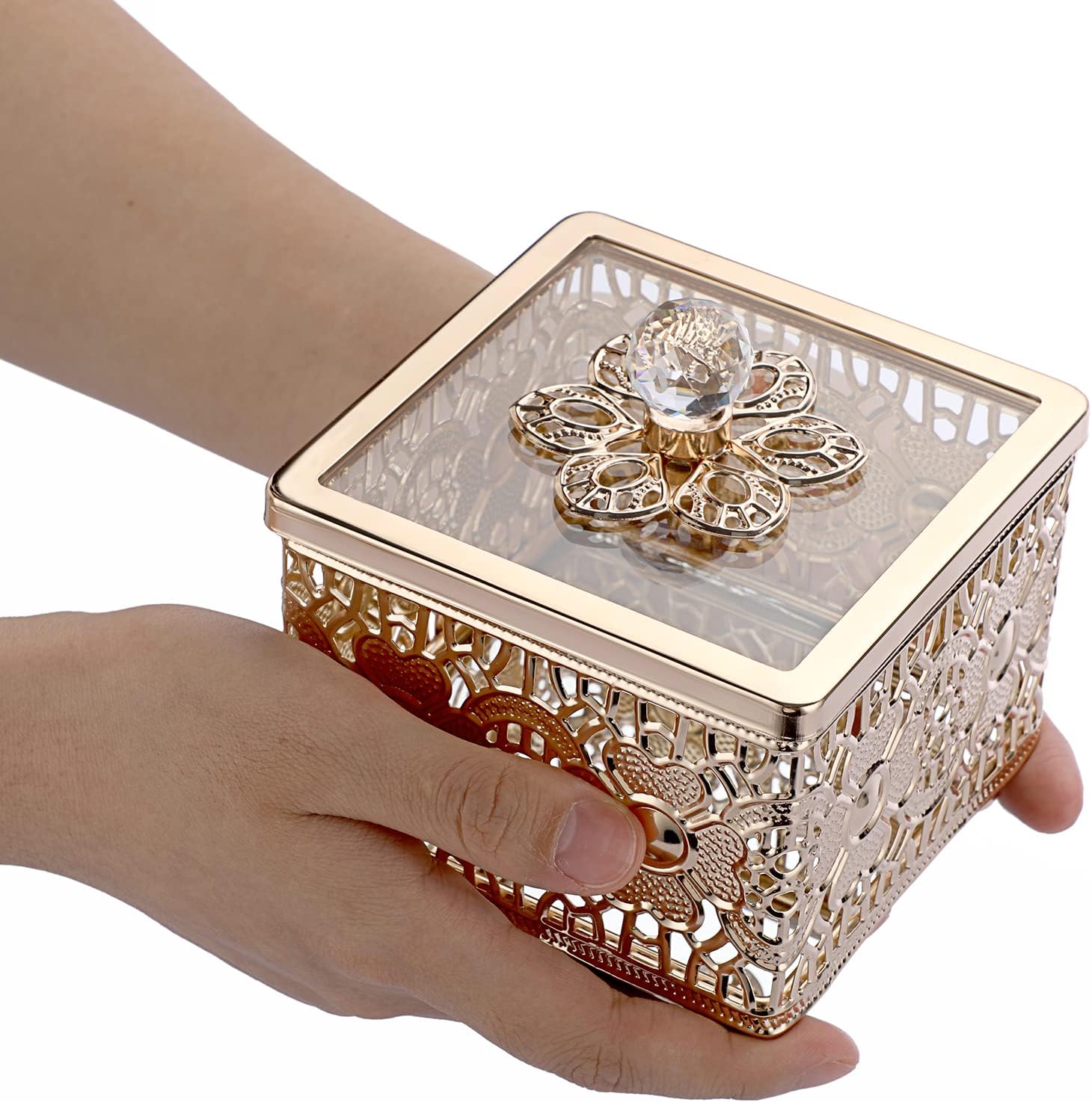 Hipiwe Hollow-carved Metal Jewelry Box with Glass Lid, Gold Mirrored Trinket Organizer Square Treasure Box for Ring Earrings Necklace, Christmas Birthday Gift for Women - Image 5