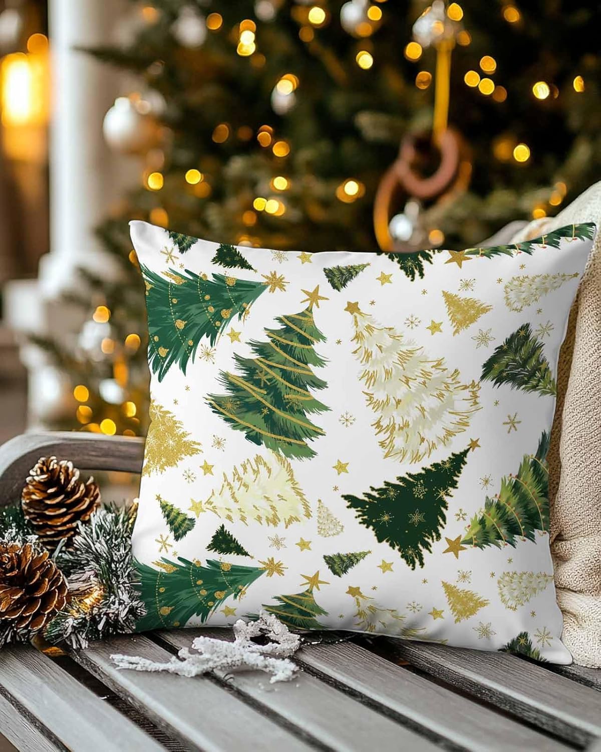 JasmineM Christmas Pillow Covers Green Christmas Trees Set of 2 Outdoor Throw Pillow Cover Stars Pine Tree Forest Winter Holiday Square Pillowcases for Patio Sofa Couch Bedroom Decorative 20x20IN