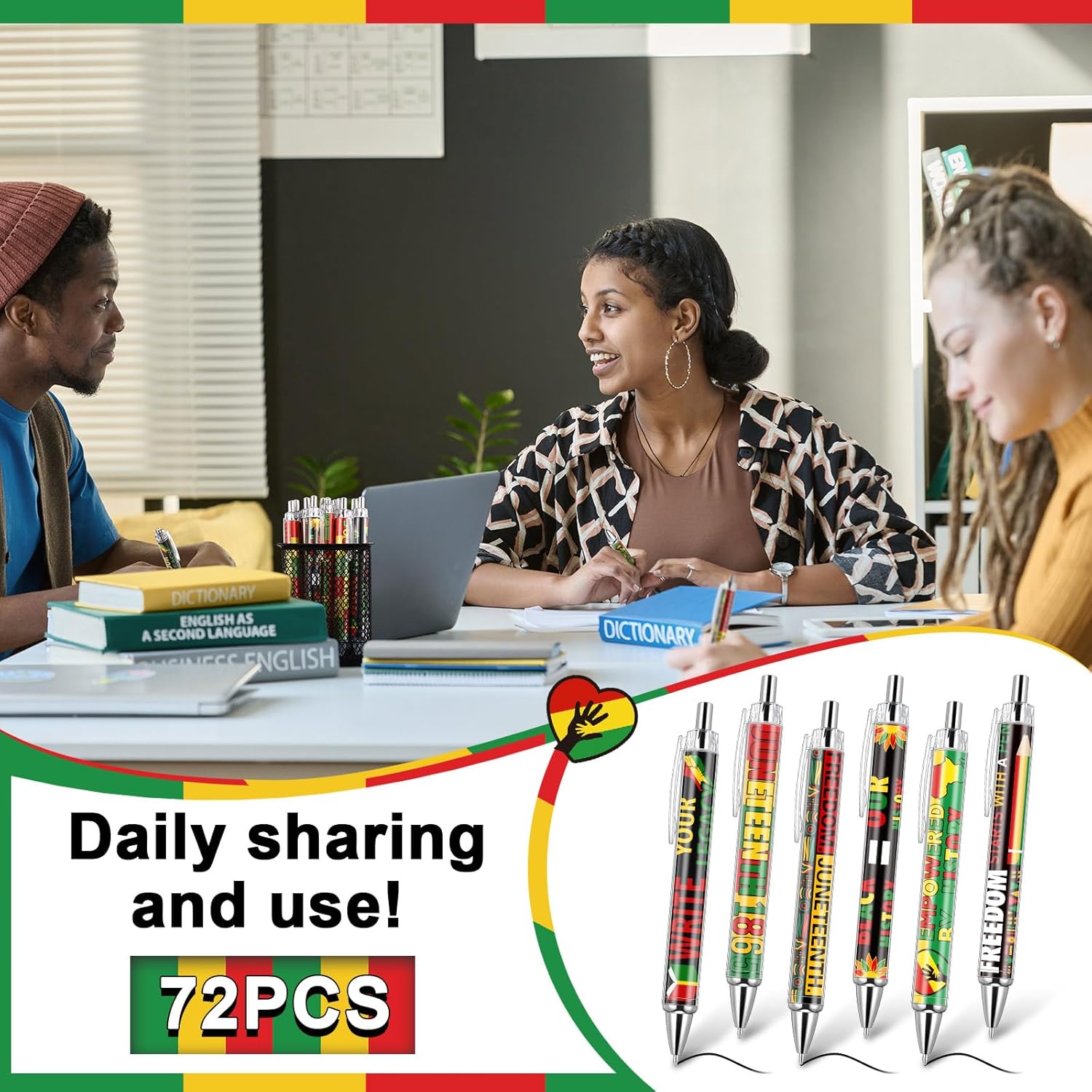 Sayglossy 72 Pcs Black History Month Pens Gift Bulk 1865 African American Freedom Ballpoint Pen Juneteenth Day Educational Prizes for Students Teachers Classroom Office Party Favor