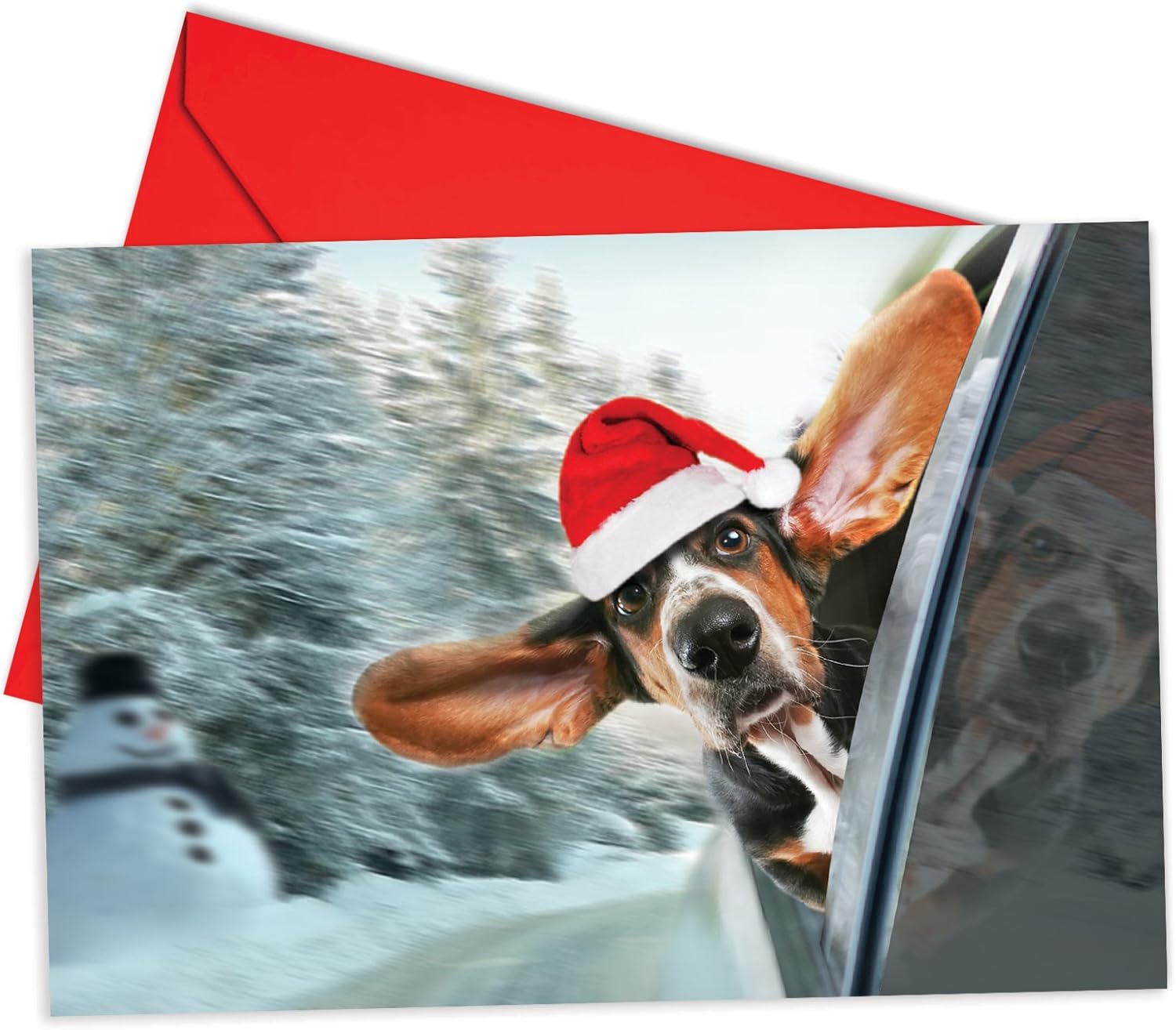 B6481EXSG Box Set of 12 Doggie in The Window Christmas Note Card Featuring a Basset Hound with Santa's Hat Hanging out The Passenger Side Window of a Car; with Envelopes