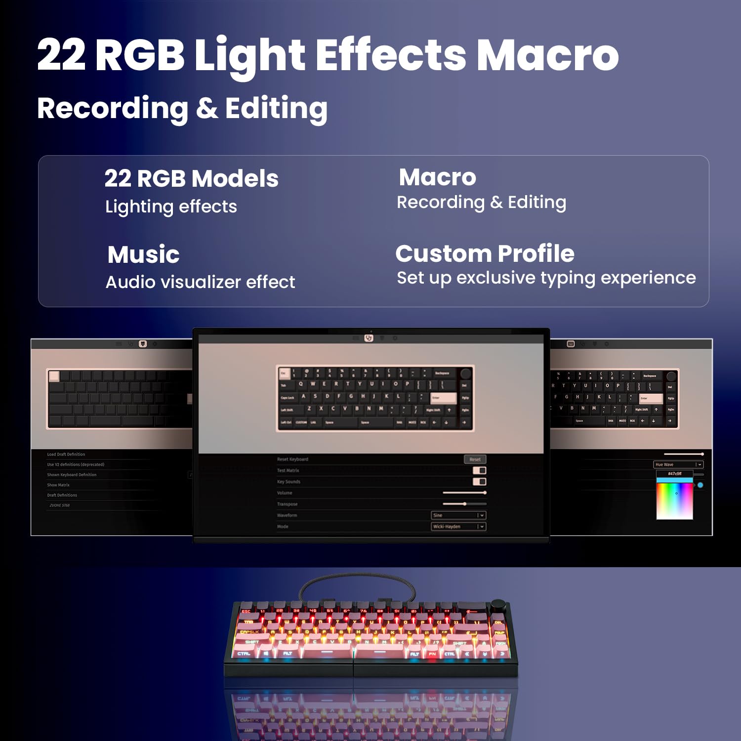 ZORNHER ST68 Tastiera meccanica ergonomica wireless divisa, 65% rosa e viola, tastiera TKL cremosa personalizzata con manopola, tasti in PBT illuminati, interruttori lineari pre-lubrificati