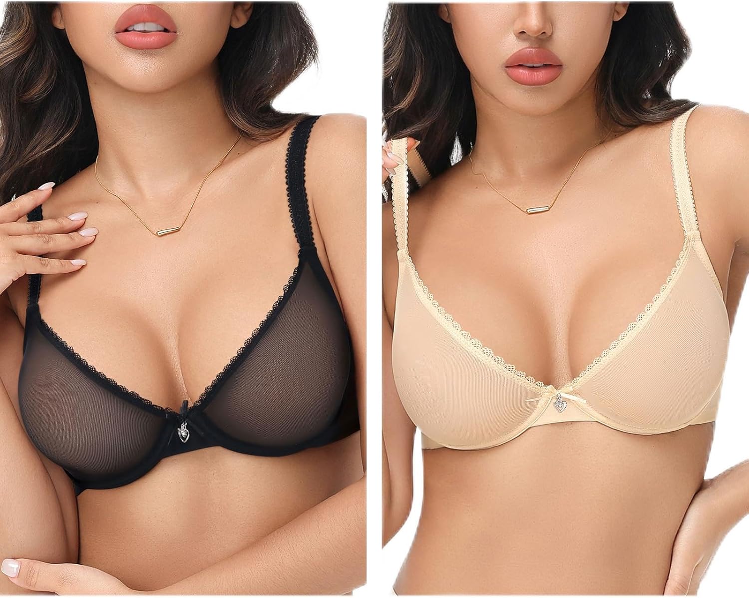 Upushall Women's Sheer Mesh Unlined Bras Sexy Lace See Through Demi Plunge Bra Underwire,Black & Beige 36B