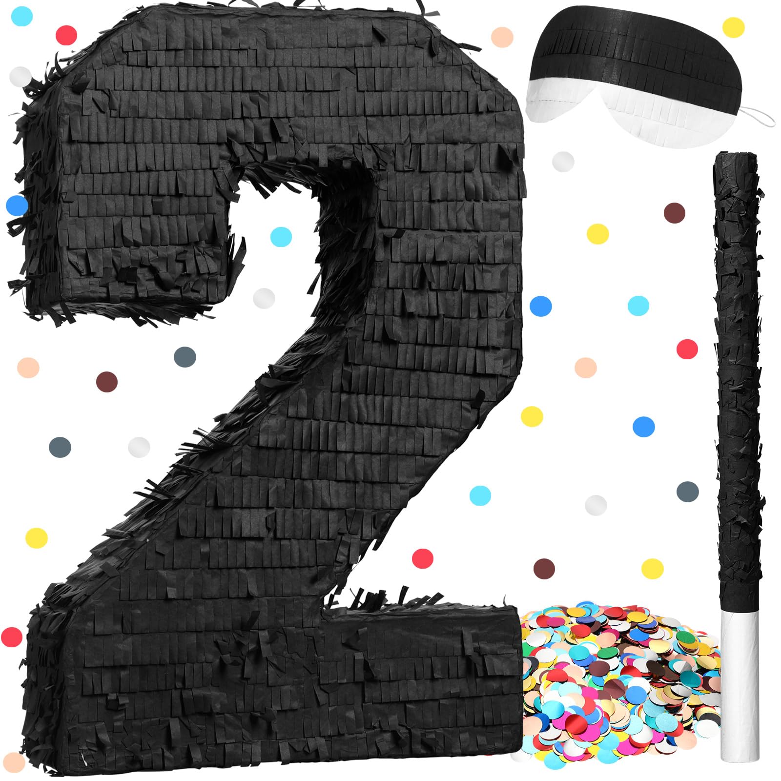 Solidcolor Number 2 Piñatas 15.75 x 10.63 x 2.95 Inches with Batting Stick Eye Mask and Confetti, for 2nd Birthday Anniversary Celebration DIY Decoration Party Supplies (Black)