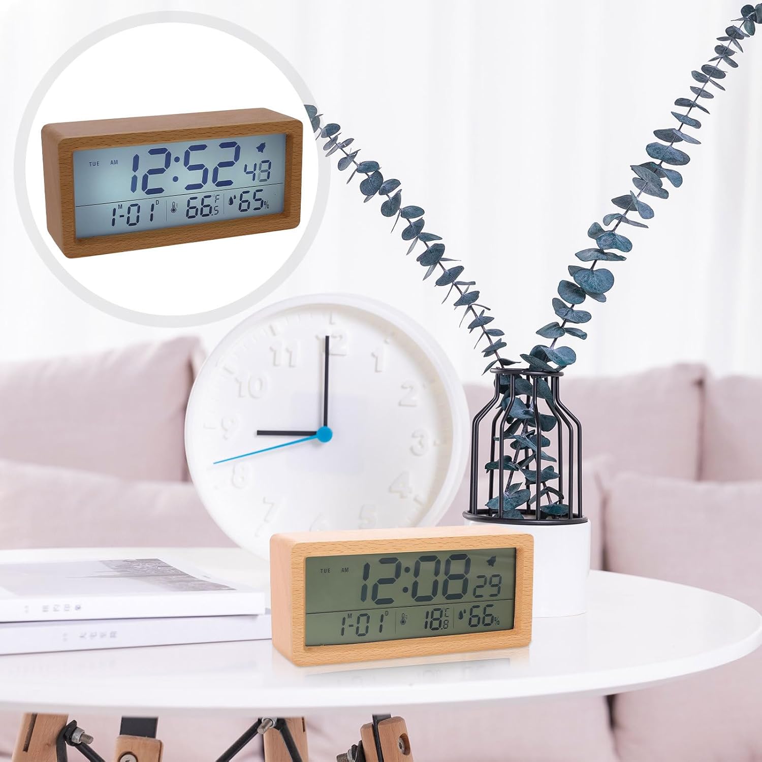 Multi-Function Digital Alarm Clock with Large LED Display, Wood Texture Desktop Thermometer and Humidity Monitor, Night Light, Compact Calendar Clock for Bedroom and Home Use,