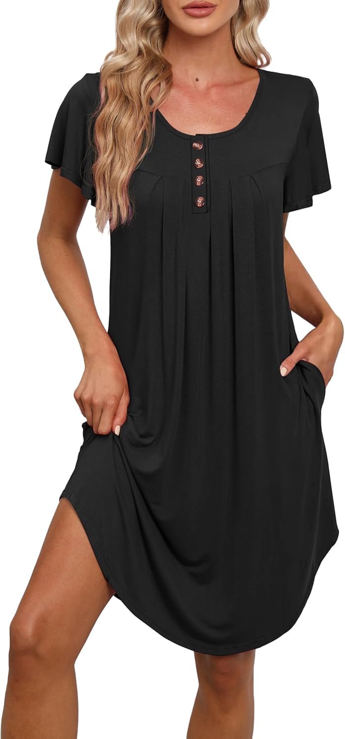 Womens pleated nightgown short sleeve mumu dress with pockets